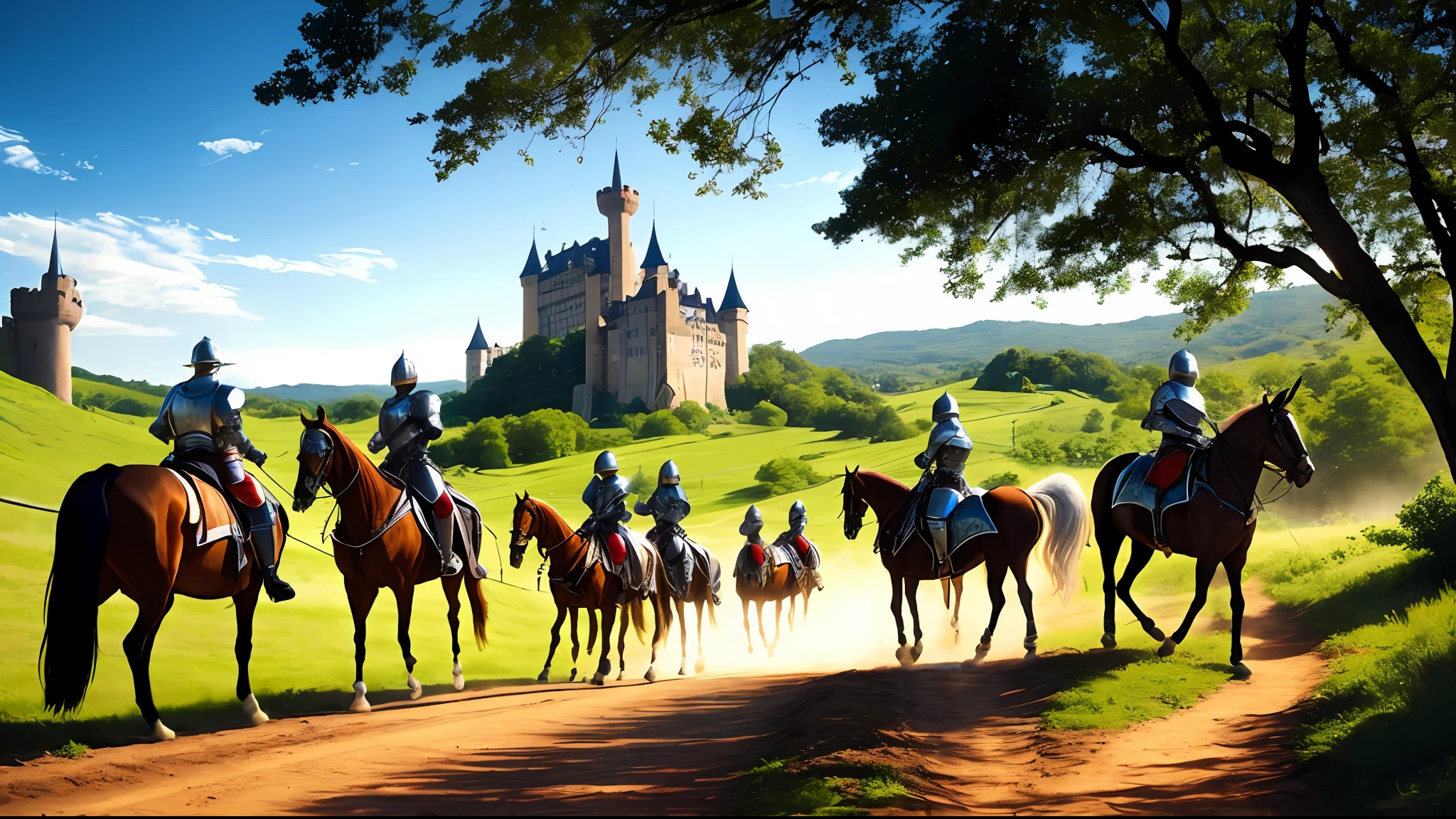 gerar_imagem("A group of knights mounted on a dirt road towards a majestic castle") 4k, premiada, cavaleiros com ouro, (ouro 1.2)