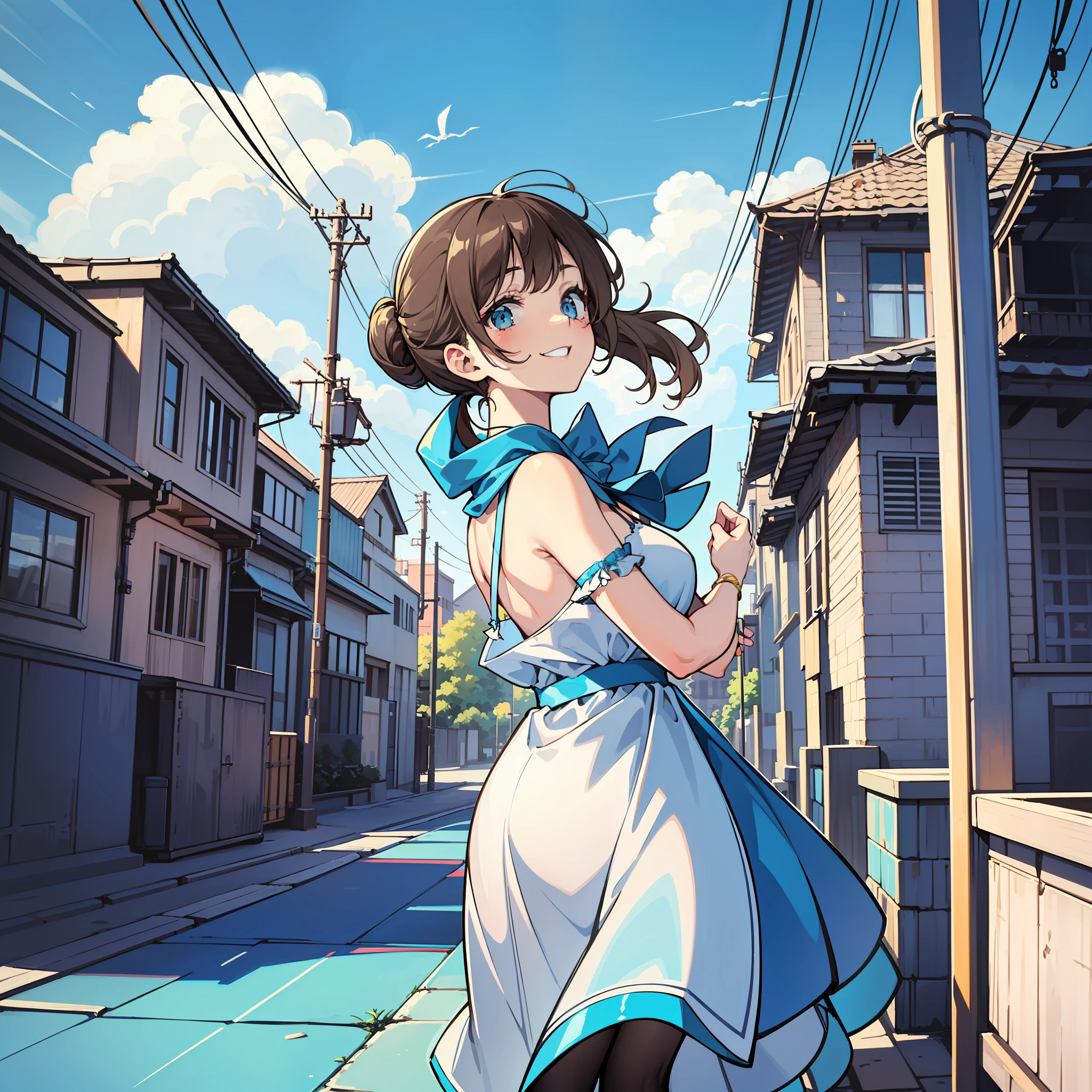 Stupid girl,Hefty Smile,Sweet and cute,An expression of shame,largeeyes,cartoonish style,Blue sky and white cloud background,fantasticcolors,Light blue vibe,Lively and cheerful,and the sun was shining brightly,Rich in detail,Girls wear slip dresses,The girl has brown hair,Tied ponytail,Stupid girl