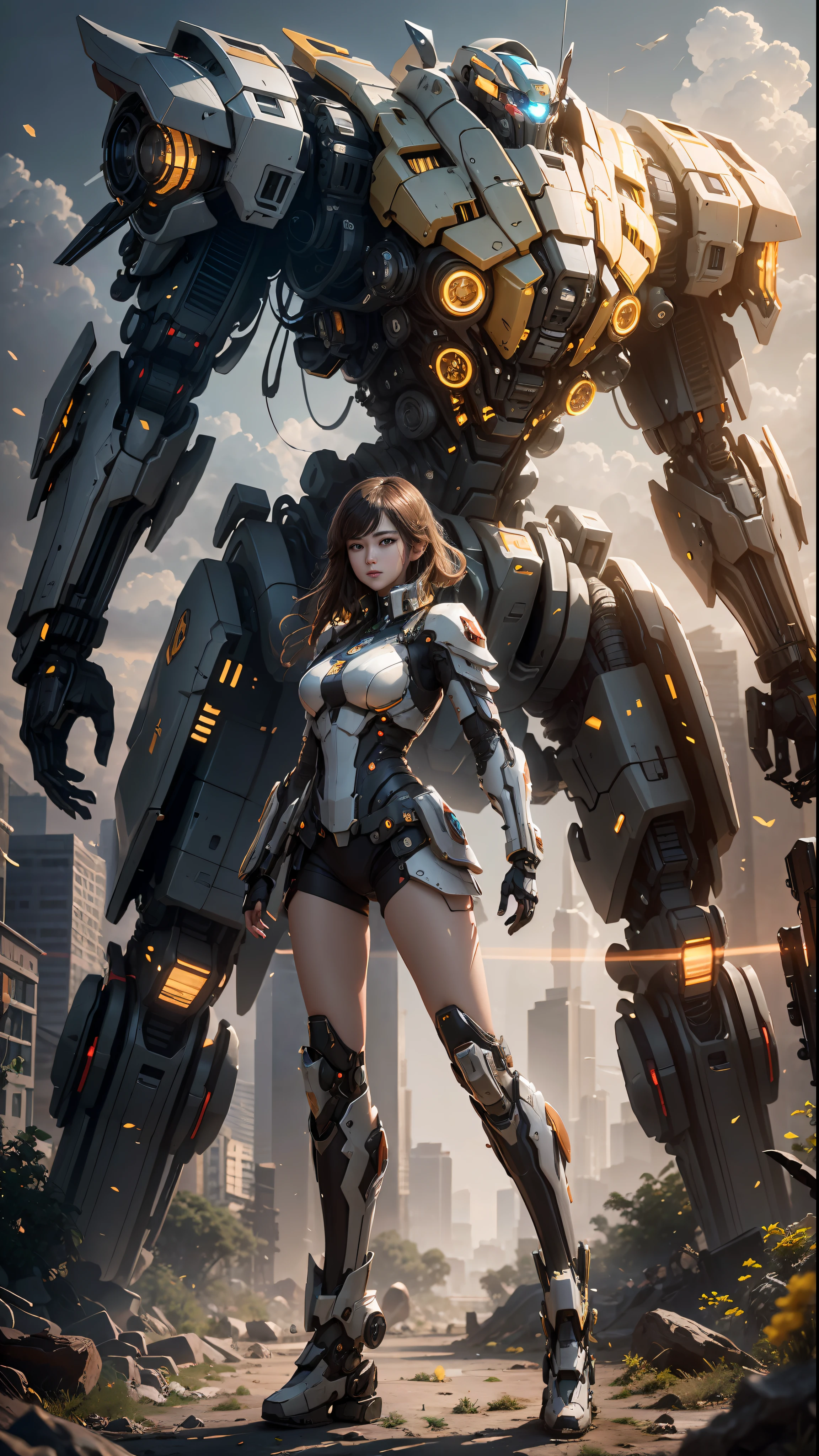 ((Best quality)), ((masterpiece)), (highly detailed:1.3), 3D,Shitu-mecha, beautiful cyberpunk women with her mecha in the ruins of city from a forgoten war, ancient technology,HDR (High Dynamic Range),Ray Tracing,Super-Resolution,Unreal 5,Subsurface scattering,PBR Texturing,Post-processing,Anisotropic Filtering,Depth-of-field,Maximum clarity and sharpness,Multi-layered textures,Albedo and Specular maps,Surface shading,Accurate simulation of light-material interaction,Perfect proportions,Octane Render,Two-tone lighting,Low ISO,White balance,Rule of thirds,Wide aperature,8K RAW,Efficient Sub-Pixel,sub-pixel convolution,luminescent particles,light scattering,Tyndall effect