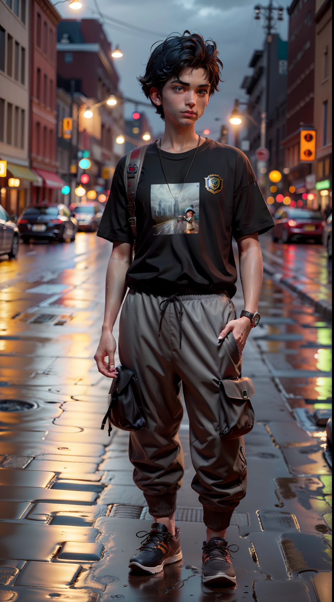 graphic design, flat design, European young boy wear in black round neck plain Tee-shirt, cargo pants, sneakers, carrying a guitar and beautiful black hair, European young girl in their twenties, black plain round neck Tee-shirt, cargo pants and sneakers, black hair's, holding hands, Full body. Night city, highly detailed clean, photorealistic masterpiece, professional photography, realistic, very dark background, isometric, vibrant color vector, high definition, police car's, wet road, after rain,