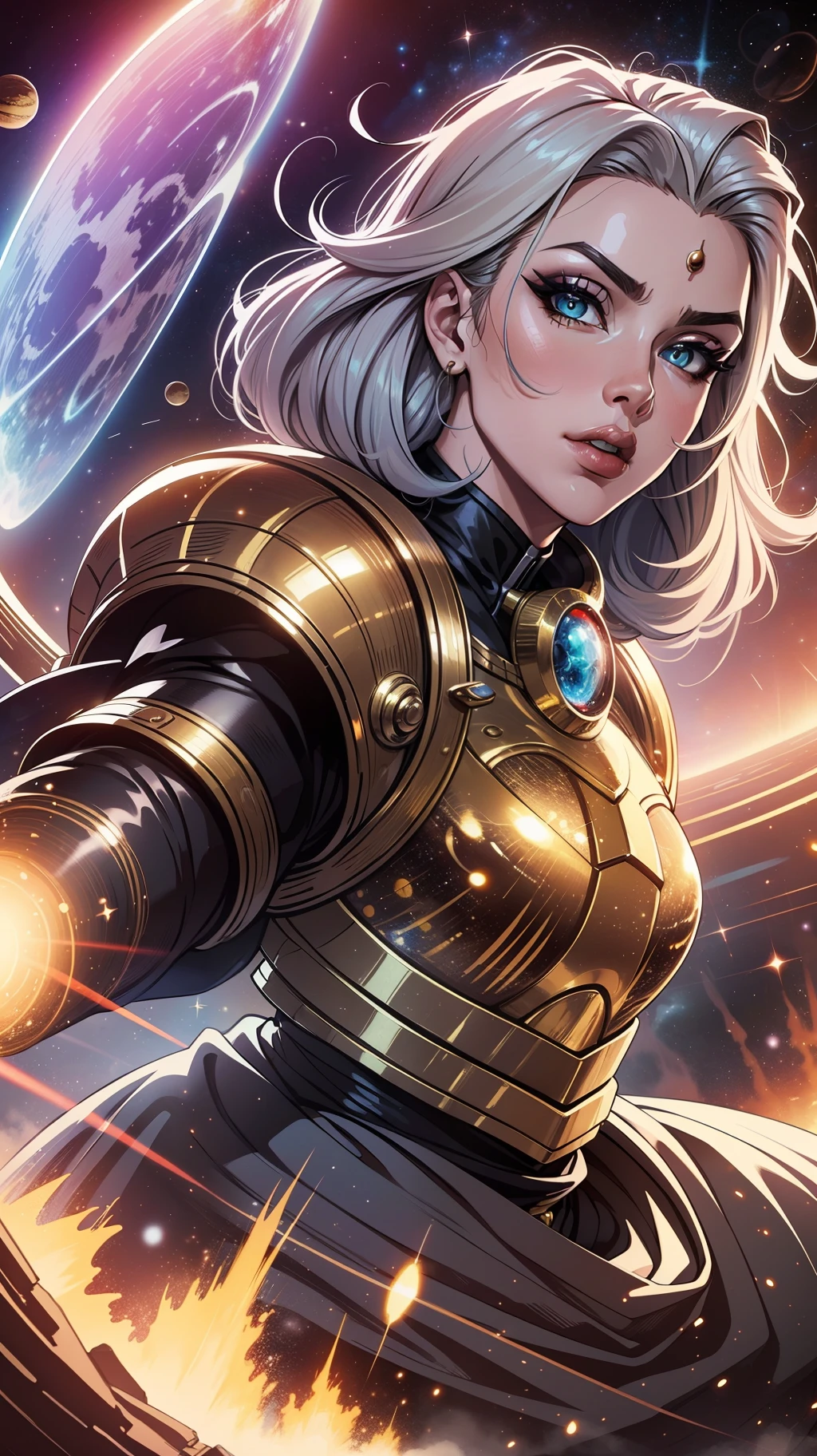 "(((Um guerreiro estelar com um traje impressionante))), qualidade excepcional, incredible details, stunning illustration, dinamic pose, cosmic background, olhos brilhantes, cabelo multicolorido:1.3+armadura dourada:1.2+capa vermelha, energy blast, luz intensa, battle in outer space."
