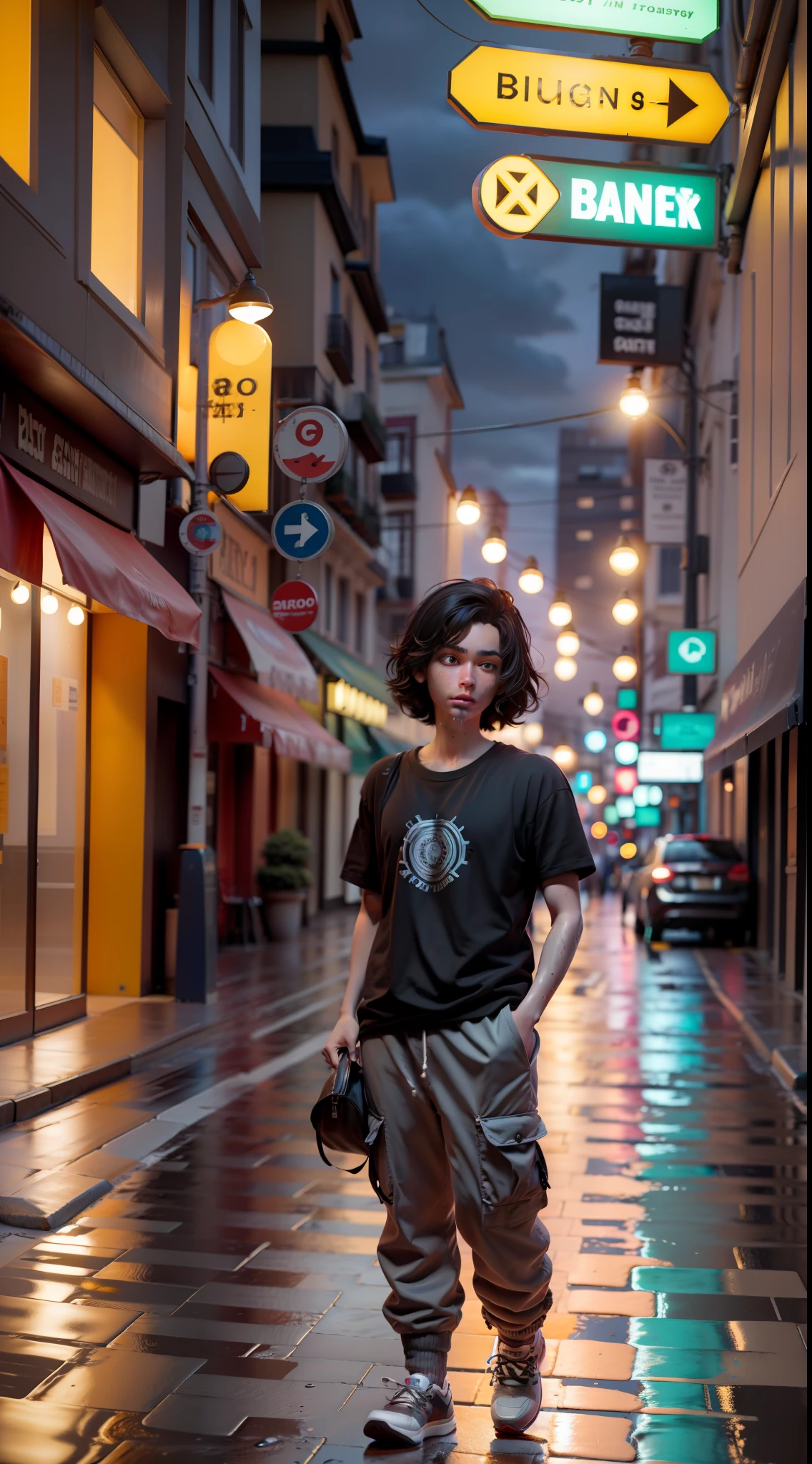 graphic design, flat design, European young boy wear in black round neck plain Tee-shirt, cargo pants, sneakers, carrying a guitar and beautiful black hair, European young girl in their twenties, black plain round neck Tee-shirt, cargo pants and sneakers, black hair's, holding hands, Full body. Night city, highly detailed clean, photorealistic masterpiece, professional photography, realistic, very dark background, isometric, vibrant color vector, high definition, police car's, wet road, after rain,