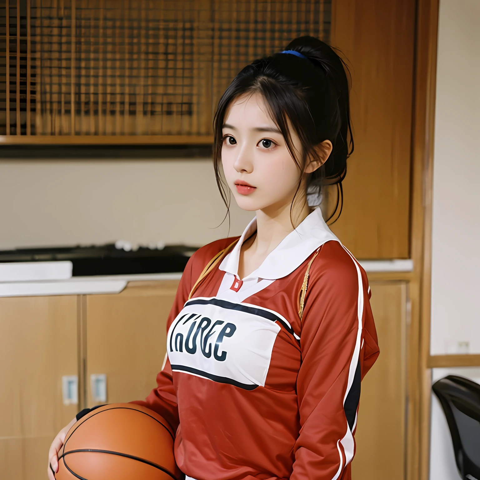 (Best Quality, 8K, 32K, masutepiece, nffsw:1.2),Photo of Pretty Japanese woman, Large breasts,, arafed woman uniform holding a basketball, wearing basketball jersey,tie up hair,face focus,navel baring