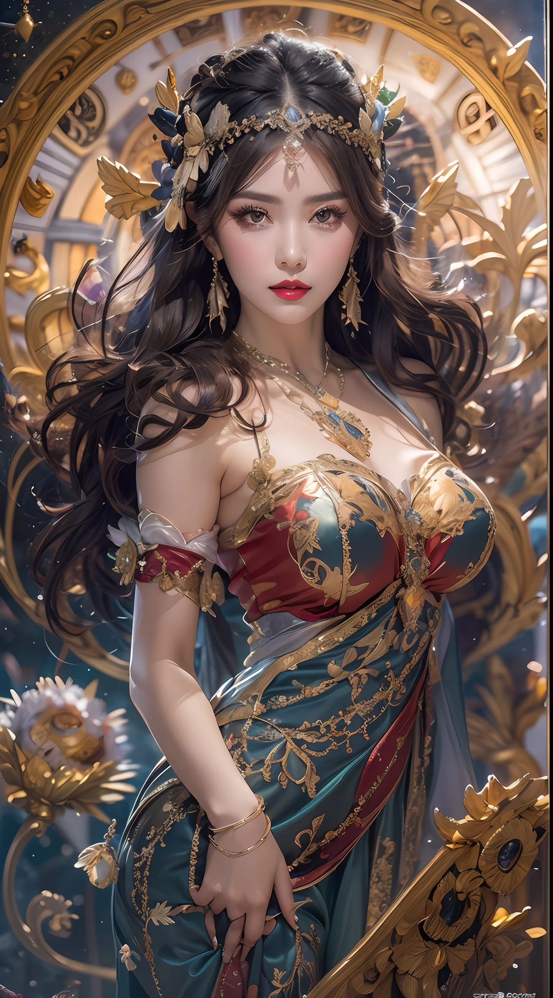 1 goddess of the zodiac from the future wears a thin silk dress, the goddess of the zodiac is beautiful, the goddess of the zodiac wears a colorful thin silk dress with sexy black and white lace, the goddess shines with a brilliant purple bow radiant, pink zodiac sign, star in the picture of 12 zodiac signs, goddess of the zodiac in a thin silk dress, golden zodiac with many black details, mythical goddess of the 12 zodiac, zodiac sign, zodiac style, dark and mysterious version, full breasts, big and round breasts, well-proportioned breasts and beautiful red lips, seriously not smiling, people karol bak and pino daeni, intricate detail, detailed background, many background objects, extremely detailed, magic light, woman, long hair dyed in seven colors and neatly tied, clear face without scars, face beautiful and well-proportioned eyes, pretty and charming red lips, big round eyes and beautiful makeup. detail, distant focus, silk dress, hair jewelry, neck jewelry, dress jewelry, arm and thigh jewelry, goddess foot jewelry, mystical jewelry, (upper portrait: 1.9) , hanging arms, sexy and seductive zodiac goddess , (space: 1.8), (galaxy: 1.7), aurora, lightning, (aurora background: 1.8), beautiful eyes, beautiful eyes photo, goddess of beauty and flowers, fantasy magic light effect,