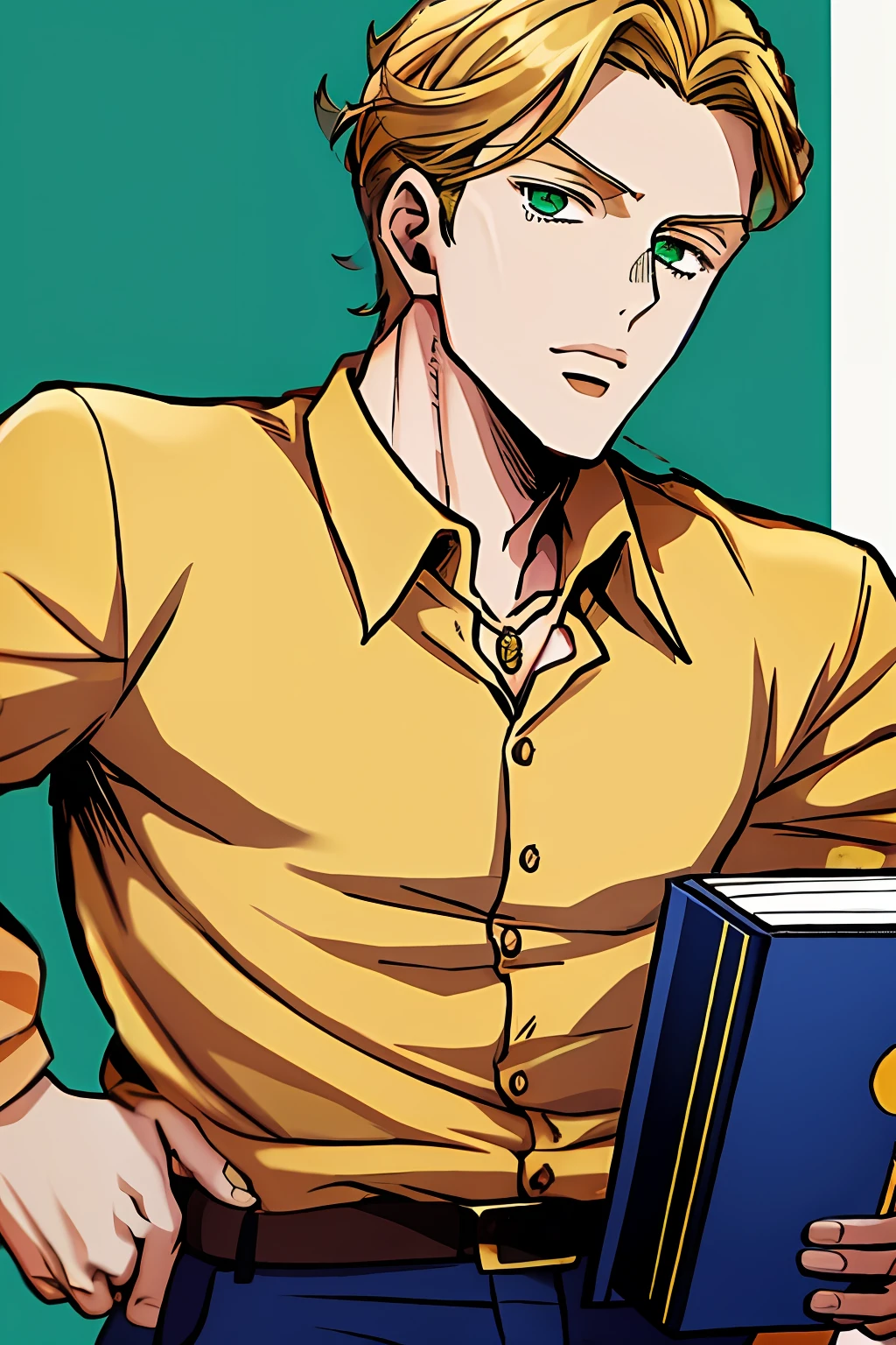 Man, medium blonde hair, masculine face, arakistyle, black shirt, golden necklace, green eyes, Johan Liebert