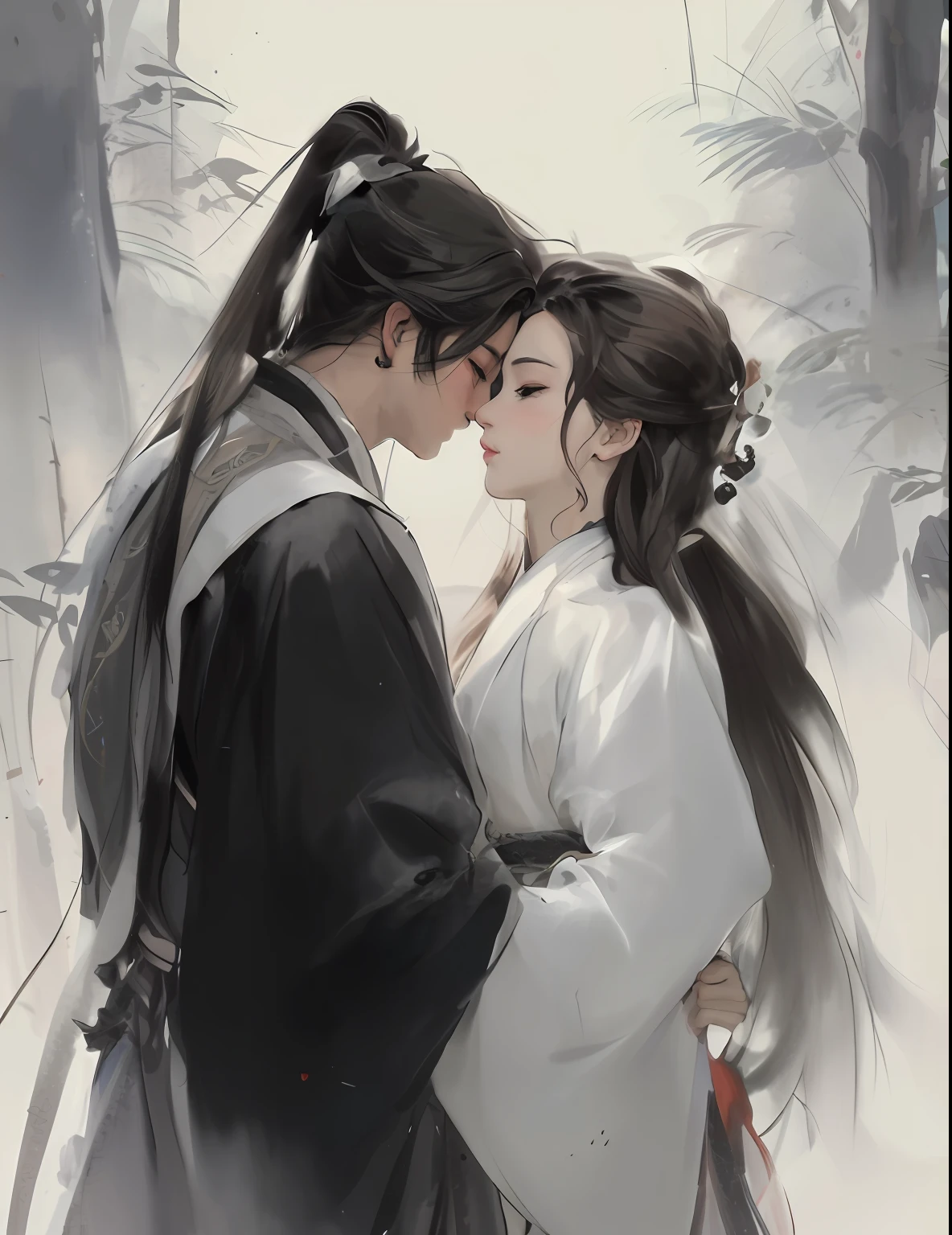 Image of Arafad hugging a couple in a white dress, by Yang J, Guviz-style artwork, Guviz, by Ye Xin, By Li Song, author:Zhou Fang, Wuxia, author:Tang Yifen, flowing hair and long robes, author:Qu Leilei, author:Wang Yi, author:Zhang Han