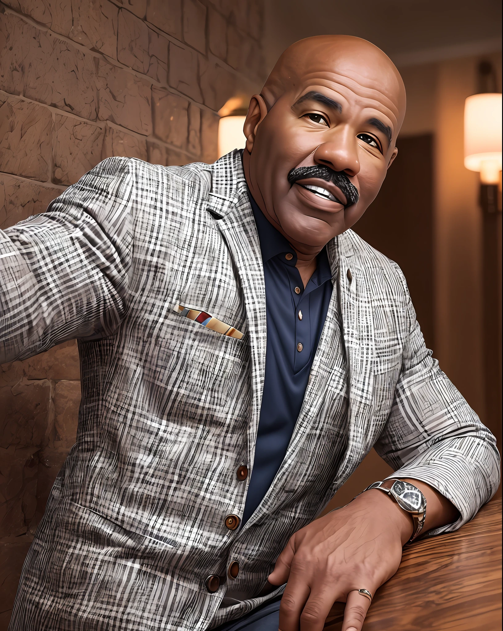 Photo of Steve Harvey , 50 years, successful appearance, brown skin, air of seriousness, wearing casual clothes, best quality, rim lighting, highly detailed skin, 8k uhd, dslr, high quality, high resolution, 4k, 8k --auto --s2