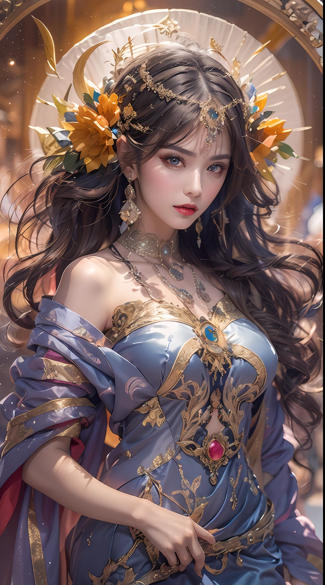 1 goddess of the zodiac from the future wears a thin silk dress, the goddess of the zodiac is beautiful, the goddess of the zodiac wears a colorful thin silk dress with sexy black and white lace, the goddess shines with a brilliant purple bow radiant, pink zodiac sign, star in the picture of 12 zodiac signs, goddess of the zodiac in a thin silk dress, golden zodiac with many black details, mythical goddess of the 12 zodiac, zodiac sign, zodiac style, dark and mysterious version, full breasts, big and round breasts, well-proportioned breasts and beautiful red lips, seriously not smiling, people karol bak and pino daeni, intricate detail, detailed background, many background objects, extremely detailed, magic light, woman, long hair dyed in seven colors and neatly tied, clear face without scars, face beautiful and well-proportioned eyes, pretty and charming red lips, big round eyes and beautiful makeup. detail, distant focus, silk dress, hair jewelry, neck jewelry, dress jewelry, arm and thigh jewelry, goddess foot jewelry, mystical jewelry, (upper portrait: 1.9) , hanging arms, sexy and seductive zodiac goddess , (space: 1.8), (galaxy: 1.7), aurora, lightning, (aurora background: 1.8), beautiful eyes, beautiful eyes photo, goddess of beauty and flowers, fantasy magic light effect,