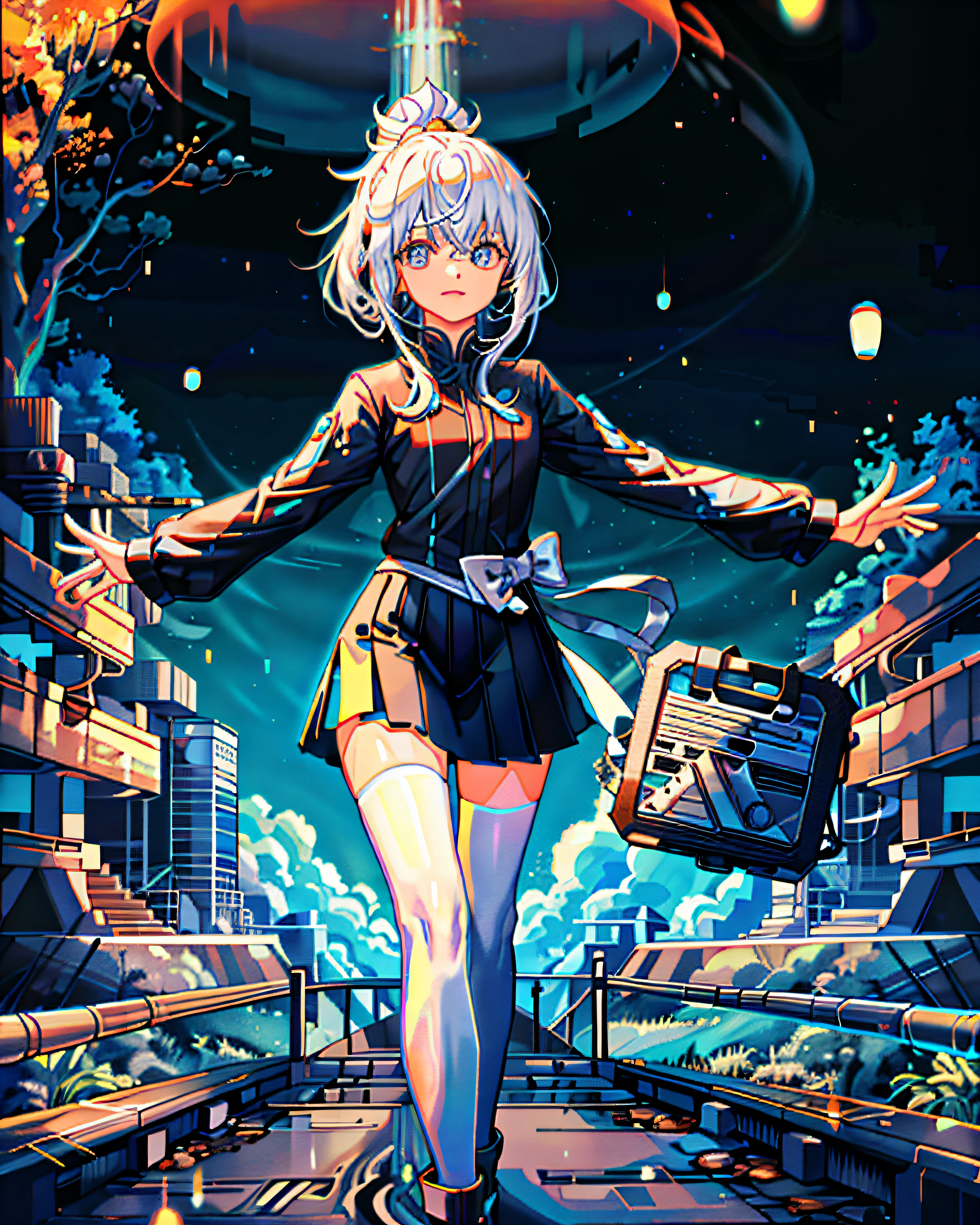 tmasterpiece,(8K,best qualtiy,tmasterpiece),超高分辨率,(realisticlying:1.4),one-girl,Soft white hair,full bodyesbian,A wonderland of dreams,beauty breast,ssmile,looking at the distance,focus-on,A detailed,ultra - detailed,headset on head,Machine detailed(Pure white shirt,Short slit skirt,black pantyhoses),High ponytail,long whitr hair,full bodyesbian,Particle effect,sci-fy,realisticlying
