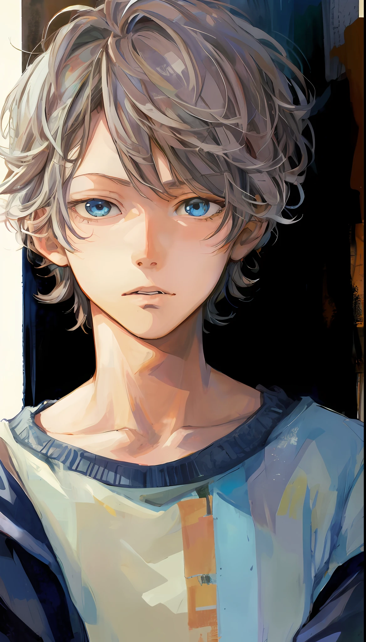 Drawing of a boy with blue eyes and a striped shirt, tall anime man with blue eyes, inspired by Yumihiko Amano, Anime Boy, Detailed Digital Anime Art, manga painting, 4 k manga wallpaper, Inspired by Amano, kaworu nagisa, by Yamagata Hiro, Stunning anime face portrait, digital manga art, Seinen Manga Portrait