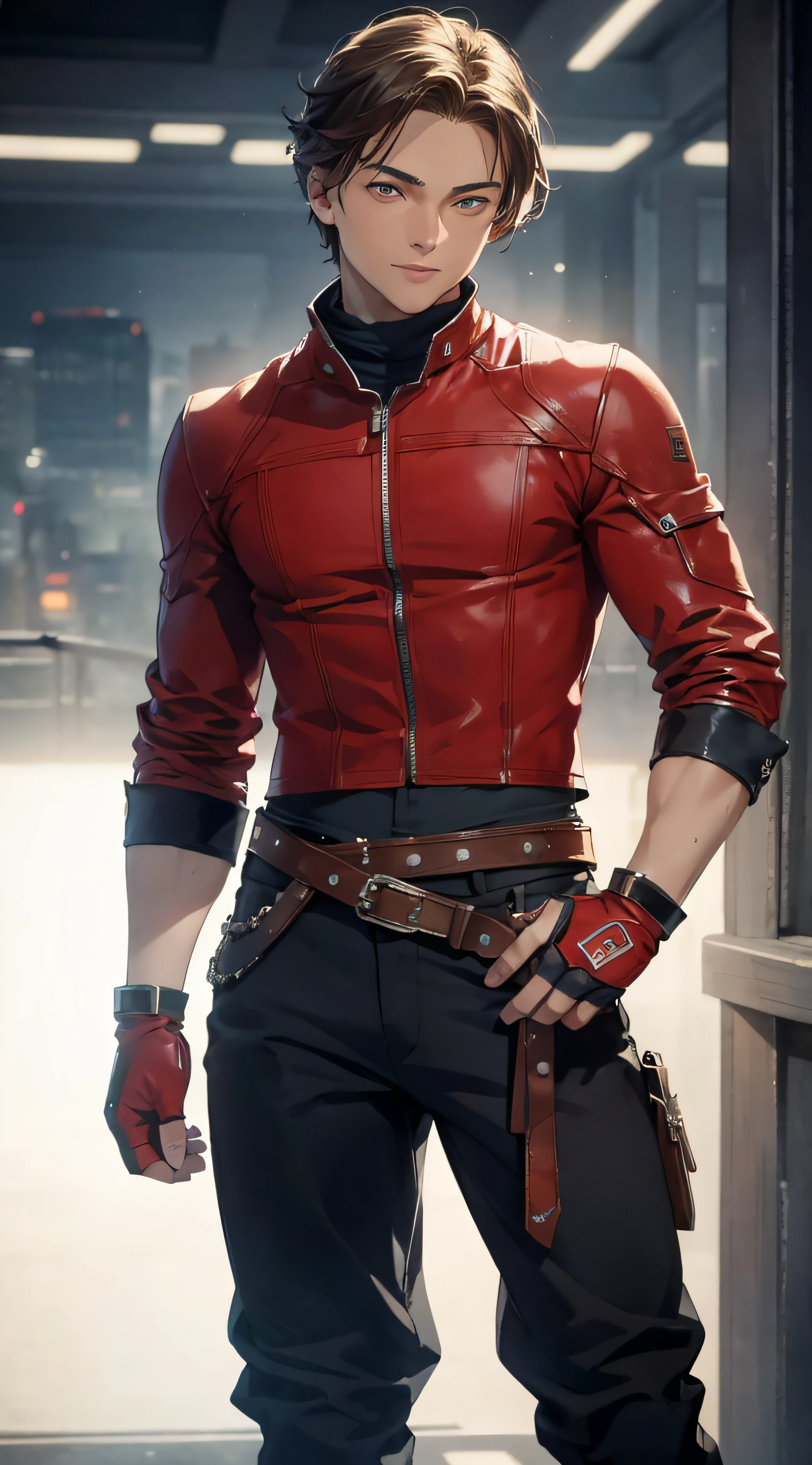 (masterpiece, best quality: 1.2), cowboy shot, solo, male focus, 1boy, Leonardo Di Caprio, muscular male, smile, arms crossed, red dougi, pants, fingerless gloves --auto