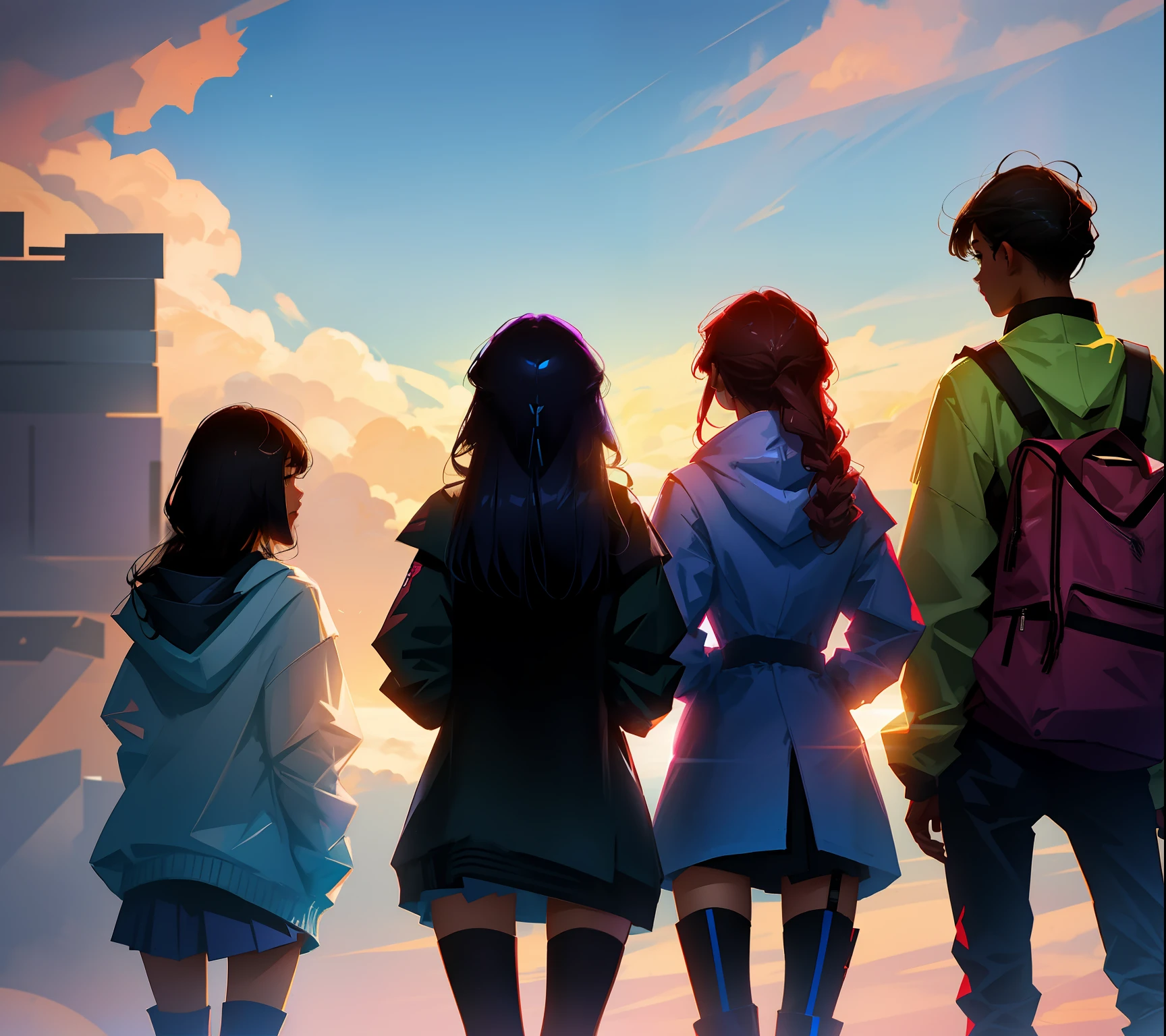 In the distant future, where the boundaries between science fiction and fantasy have disappeared, three high school girls with different hair lengths and three high school teenagers, a total of six people standing with their backs to each other