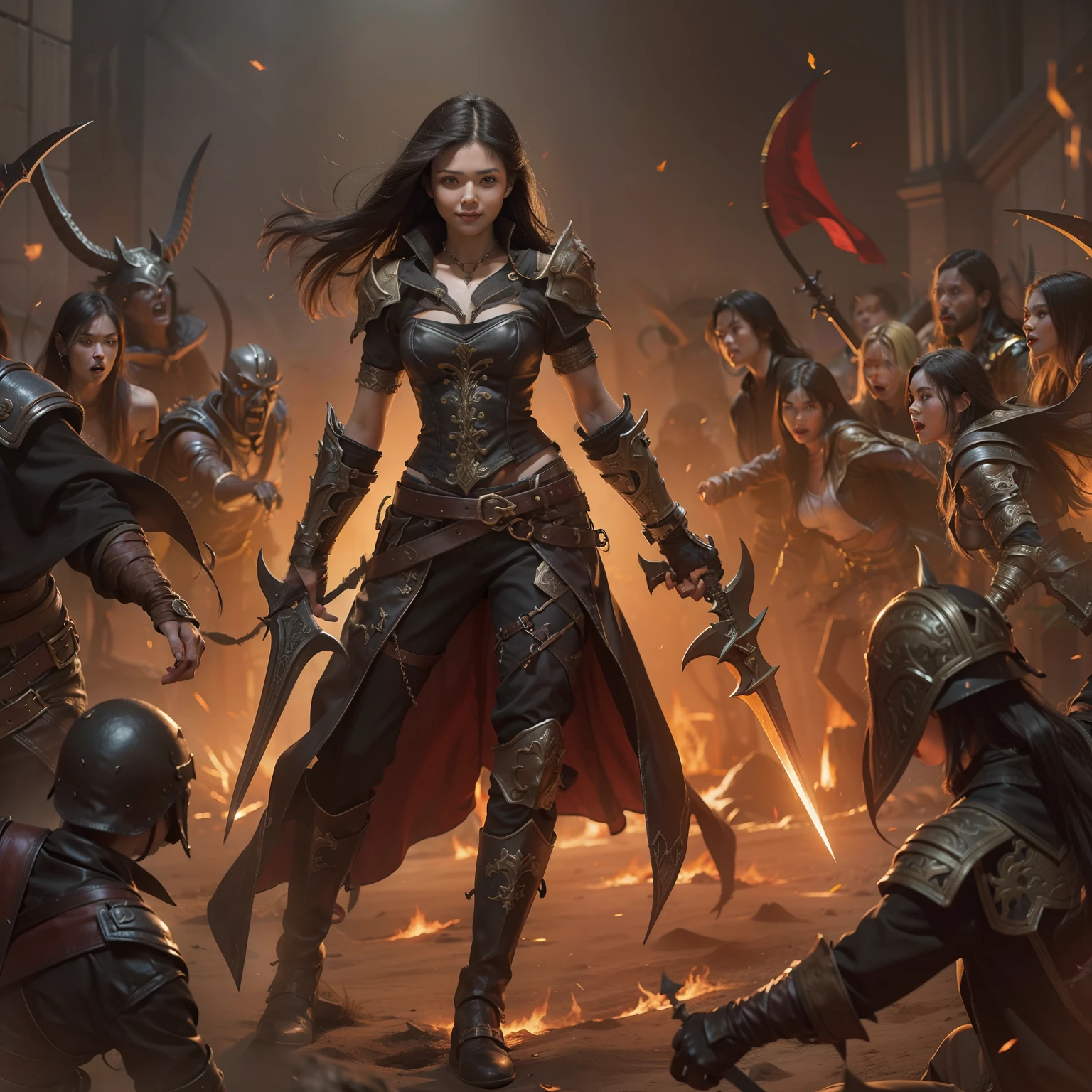 Diablo 4 world background, Draw a young slender female hooligans, Full body shot. Smile and wave a dagger for combat moves, exquisite and beautiful eyes. epic battle scene.