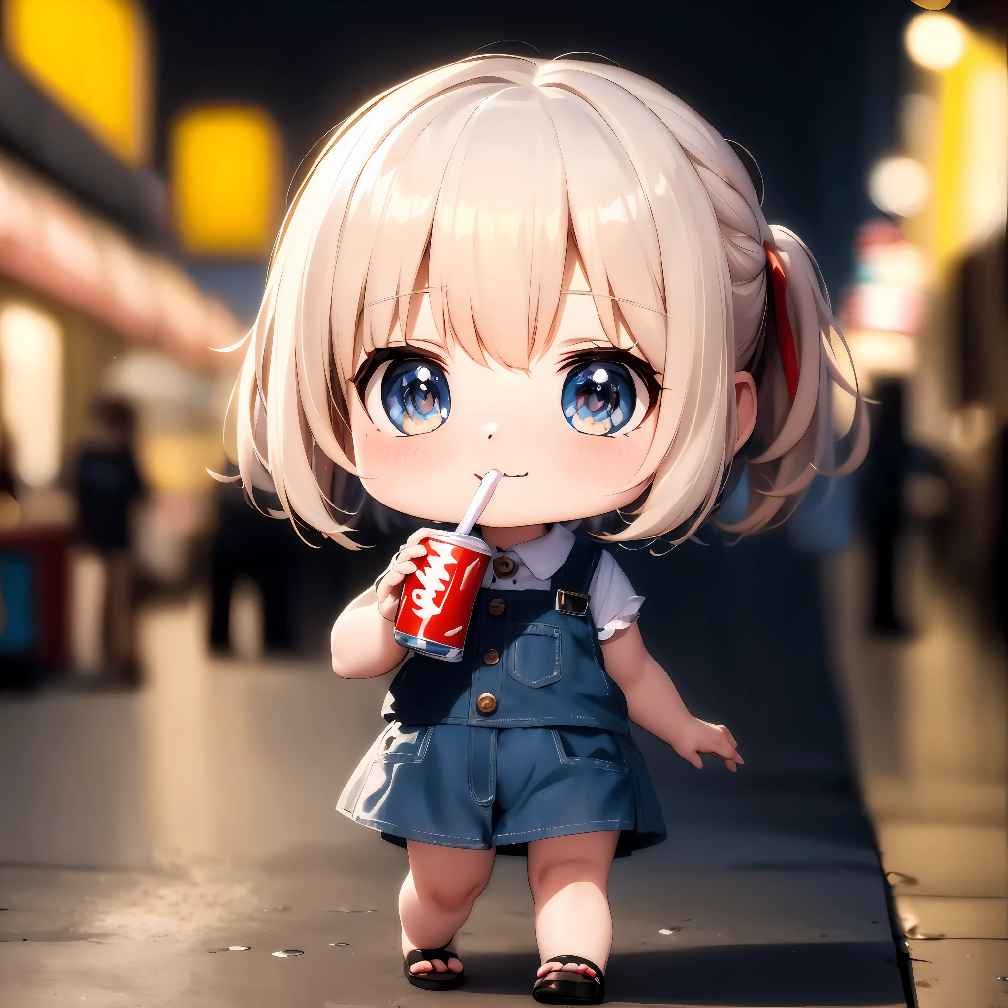 Anime girl drinking soda with blonde hair and blue eyes, render of a cute 3d anime girl, soda themed girl, cute 3 d render, anime girls drink Energy drink, style as nendoroid, Cute anime girl,  girl, Realistic anime 3 D style, Cute detailed digital art, Anime style. 8K, photorealistic anime girl rendering