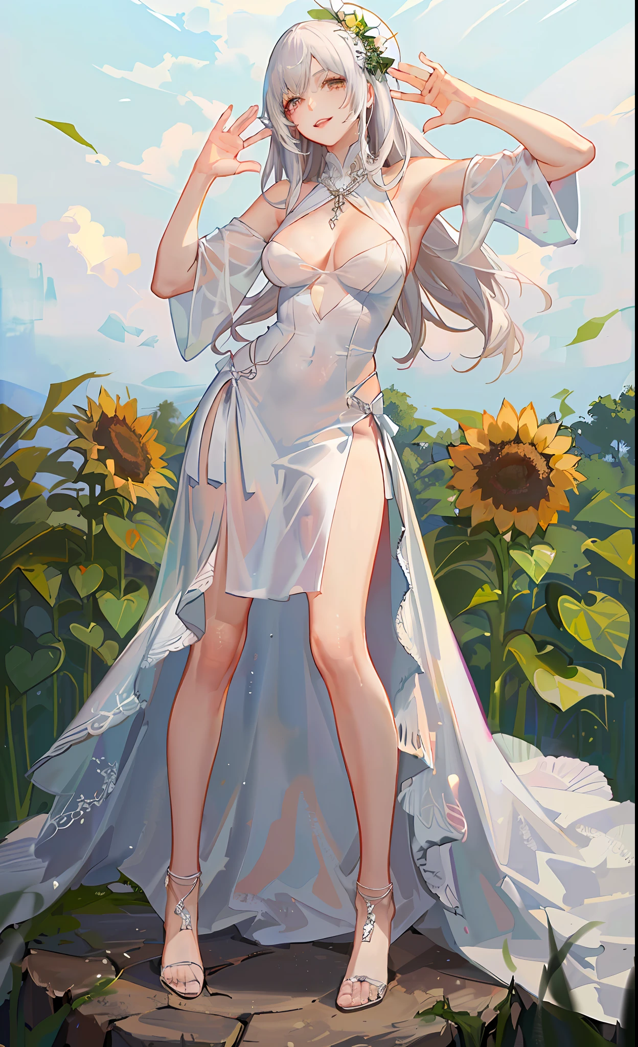 woman in white dress posing for photo, Girl standing in a sunflower field,himawari,wears a white dress, with straw hat, Wearing a fluffy white dress, Thin dress, Pose all over the body, full body shot of, photorealistic full body, Wear translucent clothing, model standing pose, hands behind her body pose!, Smooth translucent white skin, photorealistic perfect body,high-definition photograph,beuaty girl,ssmile,belo sorriso,Kizi
