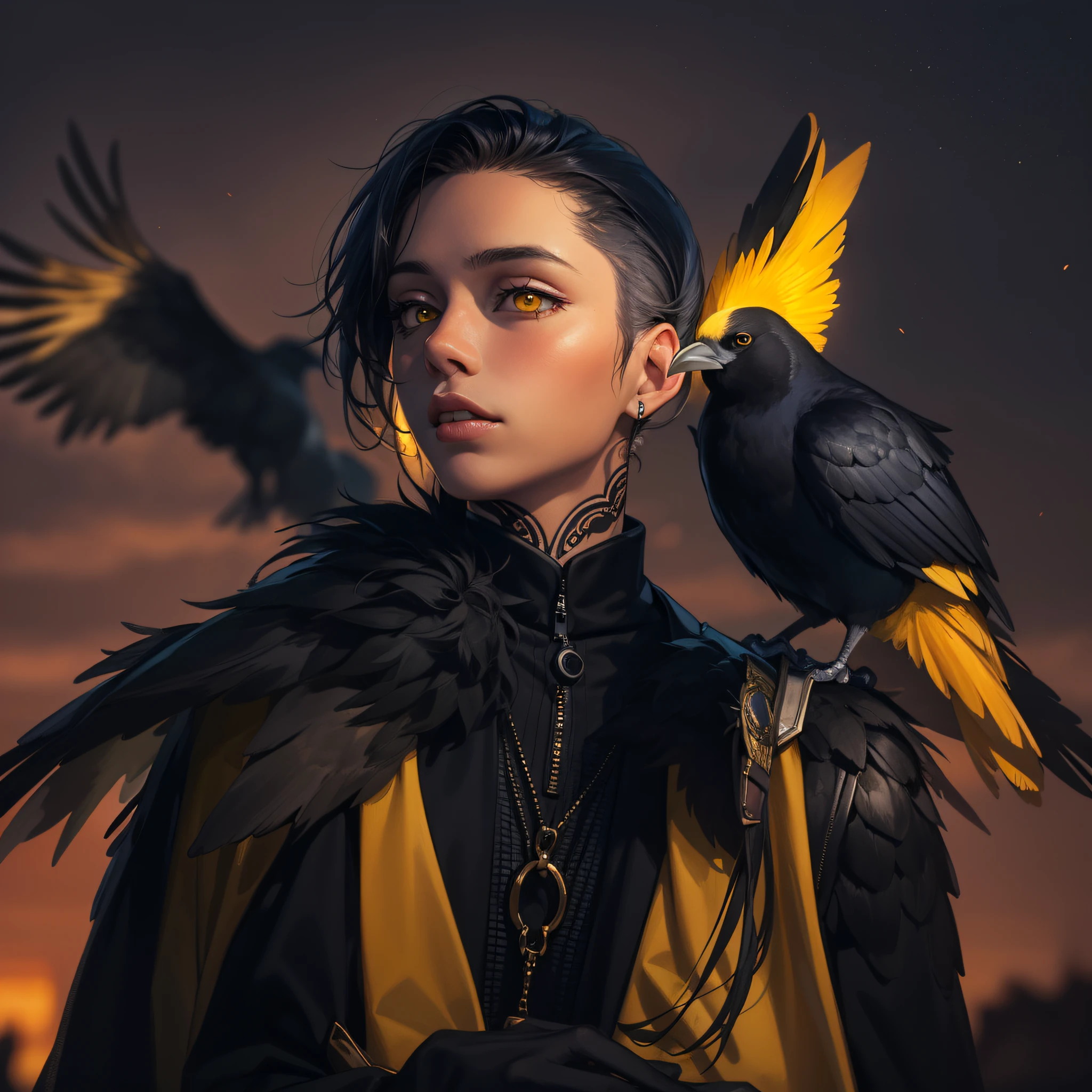 wman, light skin, yellow tones, yellow eyes, crow on shoulder, black hair, short fur, focus on face, costume, Black Suit, yellow details, high quality image, 8k, focus on face, background birds in sky , night, magic neck tattoo