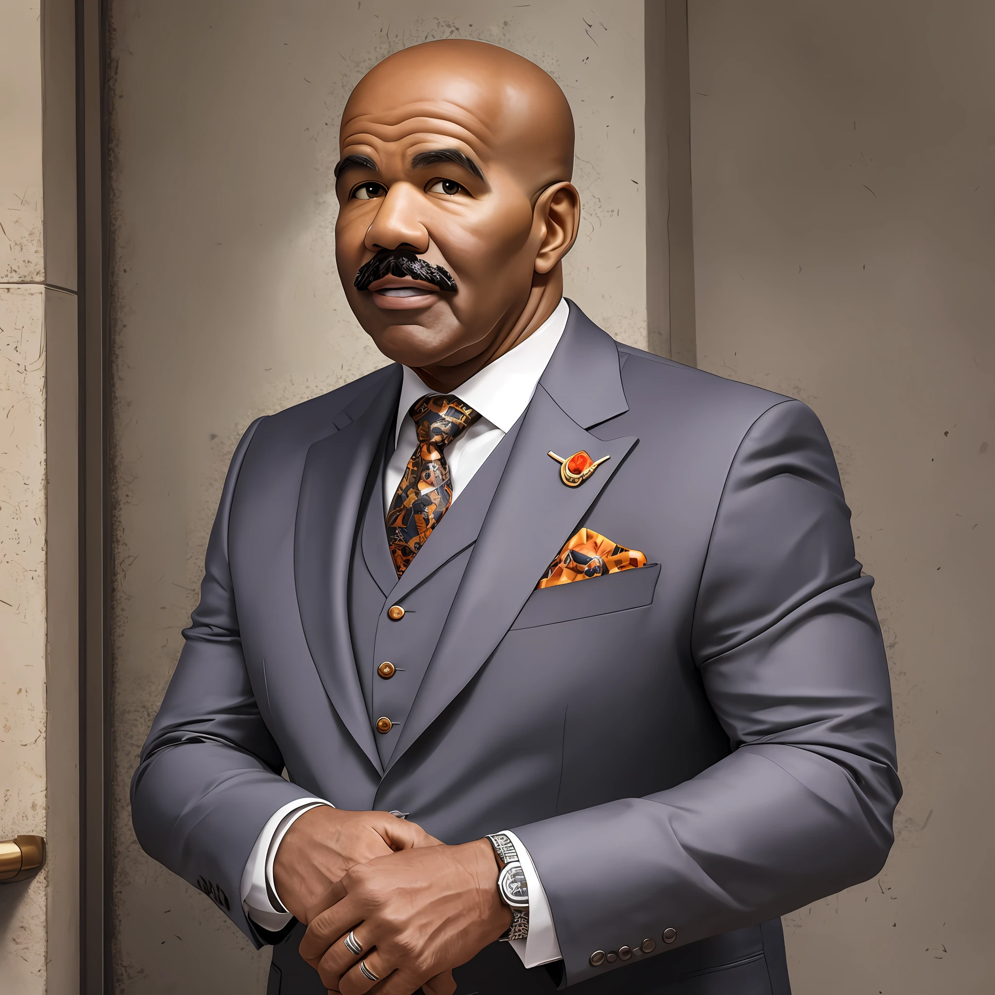 Photo of Steve Harvey , 50 years, successful appearance, brown skin, air of seriousness, short beard, wearing suit, best quality, rim lighting, highly detailed skin, 8k uhd, dslr, high quality, high resolution, 4k, 8k --auto --s2