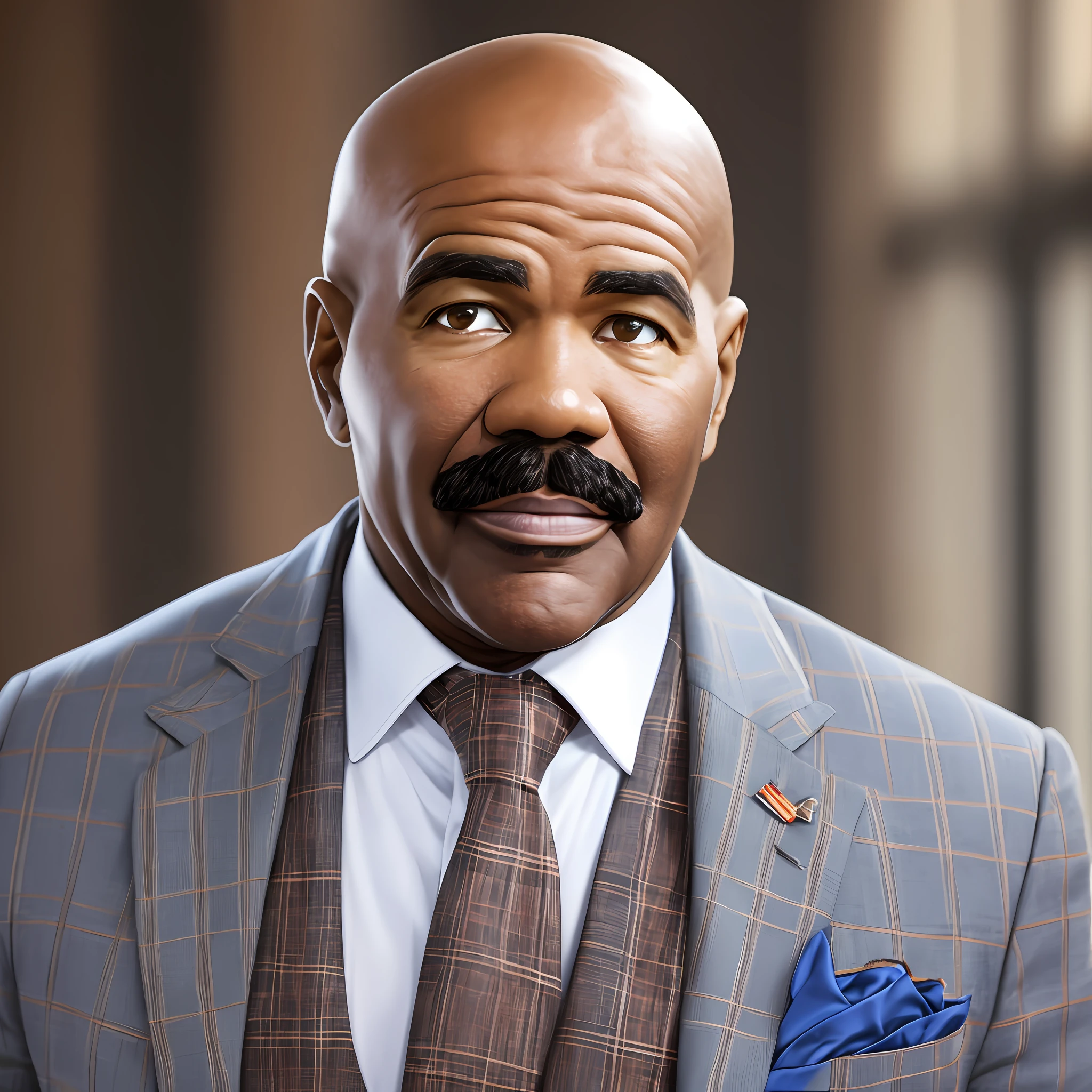 Photo of Steve Harvey , 50 years, successful appearance, brown skin, air of seriousness, short beard, wearing suit, best quality, rim lighting, highly detailed skin, 8k uhd, dslr, high quality, high resolution, 4k, 8k --auto --s2