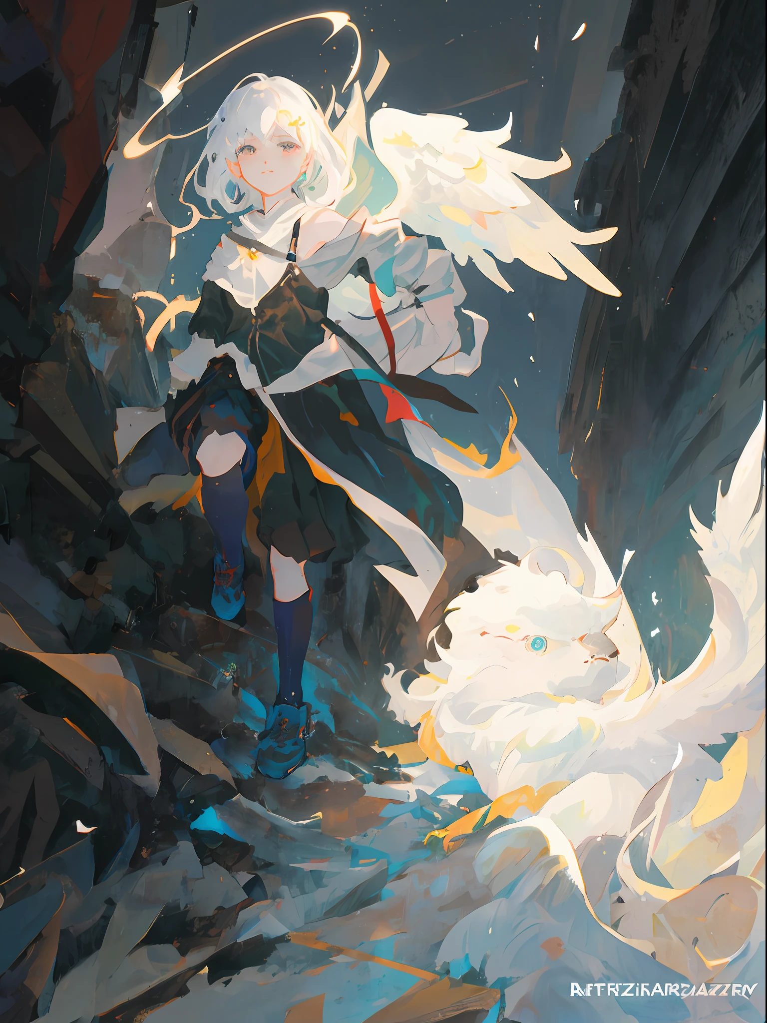 Draw a young man with white hair and angel wings, Guviz, guweiz masterpiece, Guviz-style artwork, Guweiz on ArtStation Pixiv, Guweiz in Pixiv ArtStation, wlop and krenz cushart, author:yanjun cheng, Ross Tran style, author:ross tran, krenzcushart