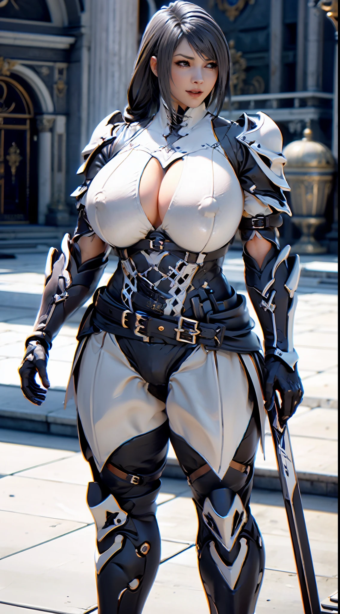 ((Unreal Engine 5)), Realistic Rendering, Excellent, Full armor, knight Cloak, helm, (Yoga hotpants), looking on camera, sexy posing walking down on street, beautiful face, makeup, CGImix, (photorealism:1.2), ultrarealistic uhd face, (huge fake boobs:1.4), (gigantic breasts:1.1), (muscle abs), (big butt), (wide hips), (thick thighs), slim waist, hourglass figure, half body, ((glowing skin)), ((shiny skin)), Realistic body, ((she is sexy body)), ((clean skin)), photorealistic, bokeh, motion blur, masterpiece, highres, 1080P, super detail, textured skin