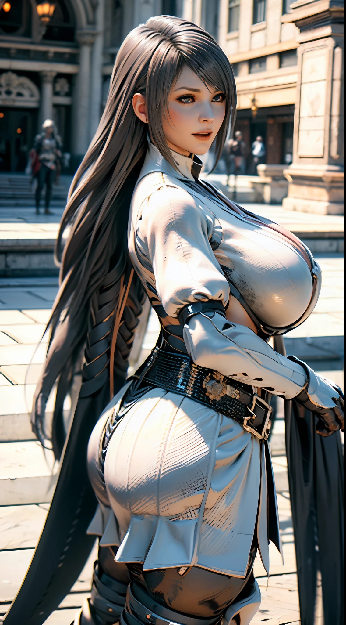 ((Unreal Engine 5)), Realistic Rendering, Excellent, Full armor, knight Cloak, helm, (Yoga hotpants), looking on camera, sexy posing walking down on street, beautiful face, makeup, CGImix, (photorealism:1.2), ultrarealistic uhd face, (huge fake boobs:1.4), (gigantic breasts:1.1), (muscle abs), (big butt), (wide hips), (thick thighs), slim waist, hourglass figure, half body, ((glowing skin)), ((shiny skin)), Realistic body, ((she is sexy body)), ((clean skin)), photorealistic, bokeh, motion blur, masterpiece, highres, 1080P, super detail, textured skin