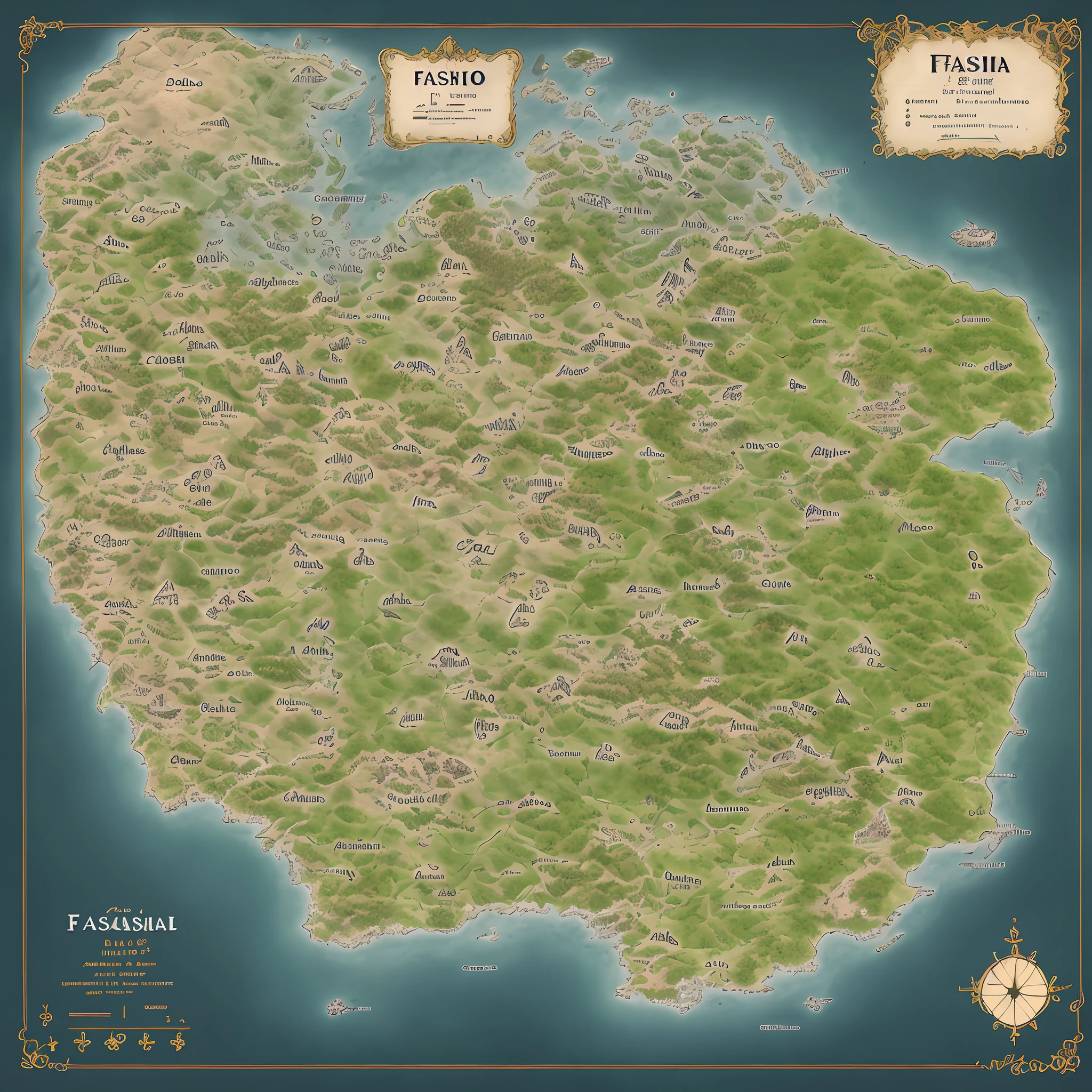 Um mapa de Fasicia com alguns locais diferentes, mapa de fantasia detalhado, mapa regional da fantasia antiga, an isometric fantasy map, extremamente detalhado d&d mapa, mapas de fantasia, d&d estilo fantasia mapa design, mapa de fantasia, cartografia da fantasia, mapa do mundo da fantasia, mapa de mundos de frente, mapa altamente detalhado, Mapa Patreon, mapa de fantasia simples, d&d mapa, 7 ilhas, uma parte congelada, uma parte com floresta, a part with plains, 20 vilas, 15 cidades, 3 reinos com castelo