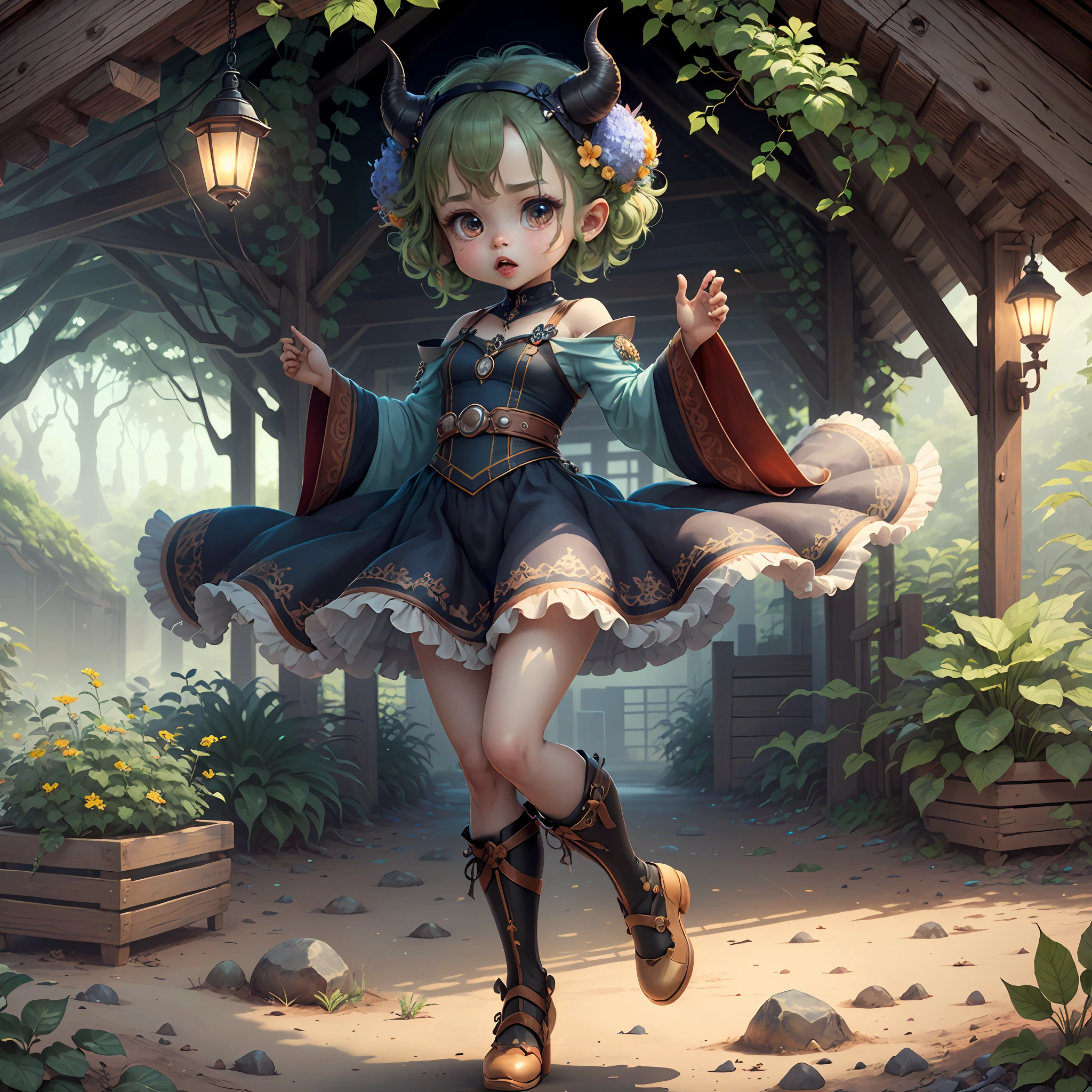 (extremely cute and delicate CG illustration, ultra-detailed and ultra-high quality), best illumination, best shadow, an extremely cute and adorable cu73cre4ture (agama), with big round eyes and a small cute mouth, small horns on its head, vibrant and vivid colors, dynamic angle, dynamic pose, floating, in a magical and enchanting place, with lush vegetation and vibrant flowers.