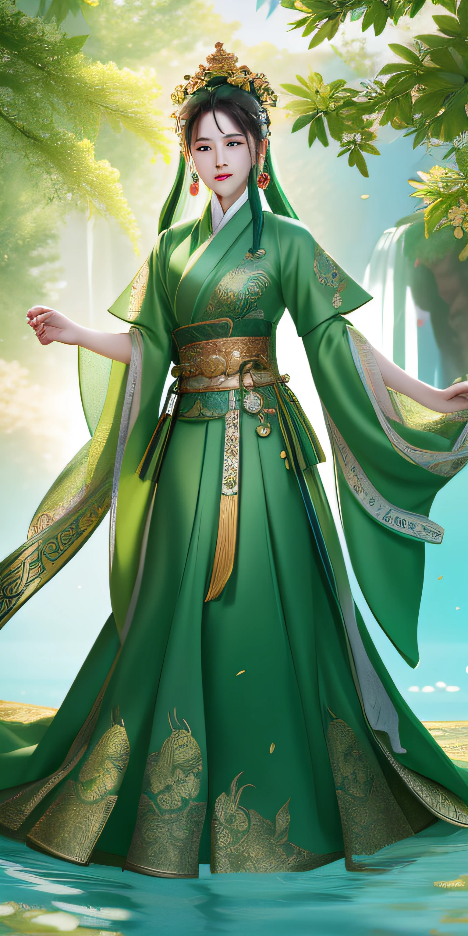 Image of Alphad standing in a pool of green dress, inspired by Wu Bin, by Yang J, inspired by Luo Mu, Guan yu, inspired by Dong Yuan, inspired by Shao Mi, bian lian, Inspired by Xiao Yuncong, inspired by Du Qiong, inspired by Du Jin, inspired by Wu Daozi