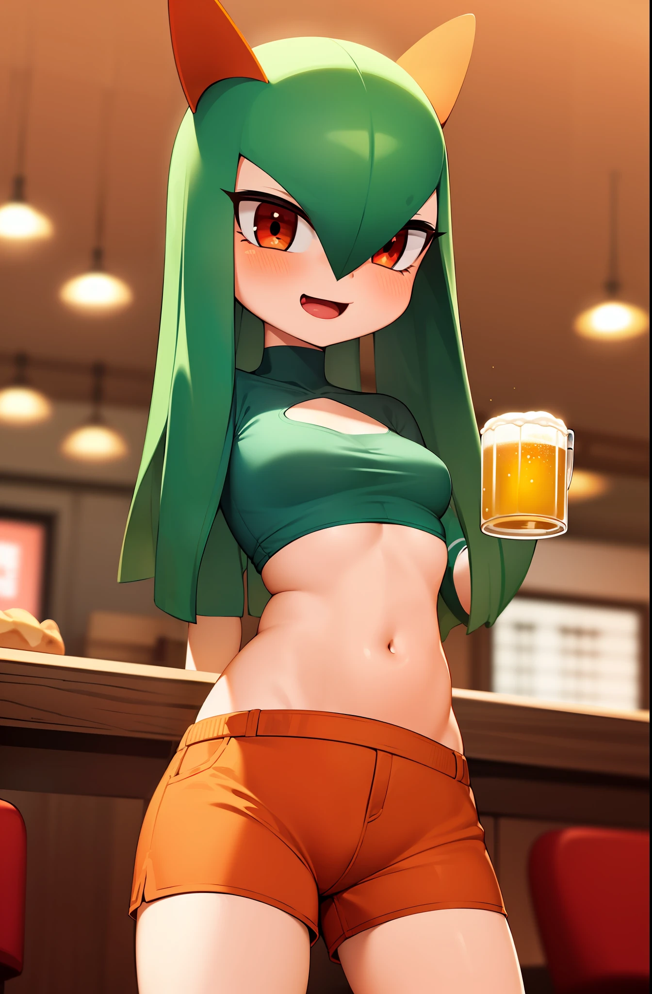 masterpiece, best quality, 1 girl, solo, kirlia, green hair, red eyes, female breasts, medium breasts, in a restaurant, tight t-shirt, underboobs, exposed belly, small shorts, tight shorts, orange color shorts, orange shorts, orange shorts, laughing, blushing, carries a beer mug in each hand.