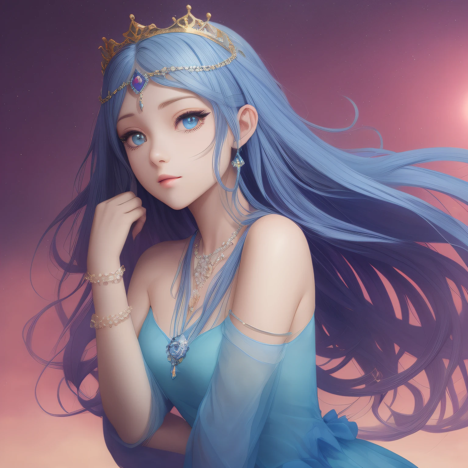 "(Light blue gradient long hair:1.3+Blue-purple star pupils:1.2+Light blue princess dress)+Jewel Crown+adiamondnecklace+blue bracelet+Shoot into the sun"