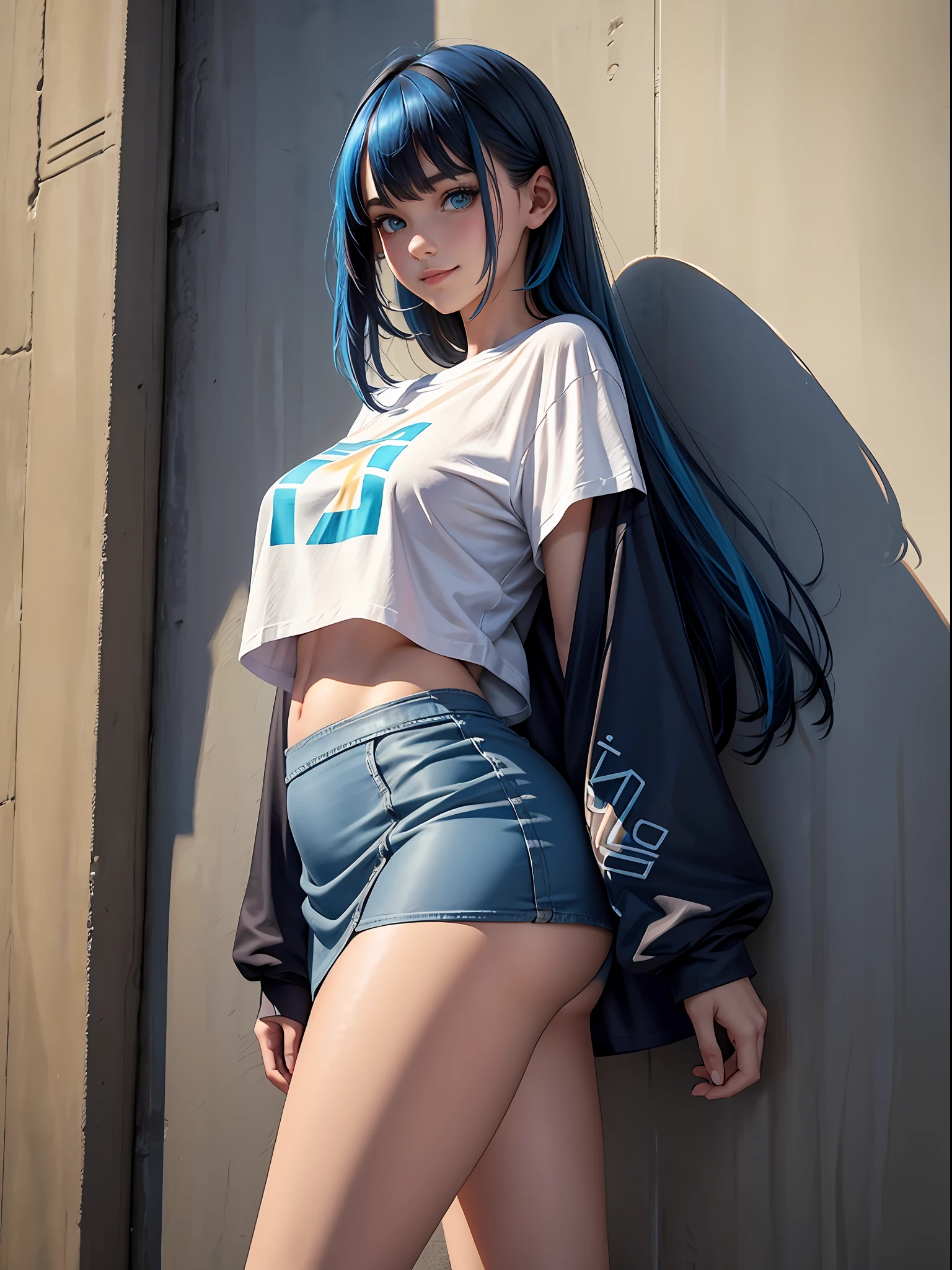 NSFW, top-quality, intricate detailes, chromatic abberation, 1girl in, Dynamic Pose, Cinematic Angle, length hair, Blue Highlights, heterochromia iridis, Gentle smile, Oversized T-shirt, Super Super Mini Skirt, Skirt up and panties ga, Cowboy Shots, wind lift, (oversize tshirt: 1.2 inch), against a wall, Concrete walls, doodle, Dim lighting, alleyway