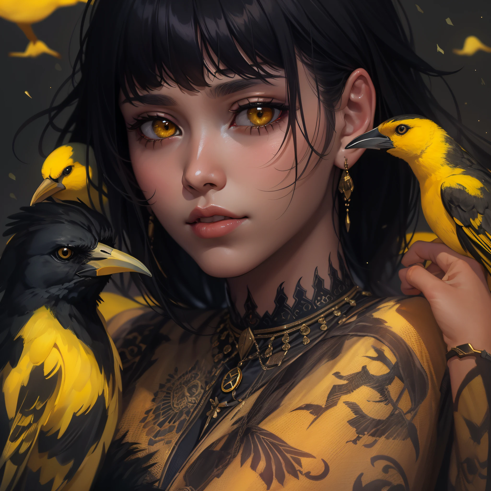 wman, light skin, yellow tones, yellow eyes, crow on shoulder, black hair, short fur, focus on face, costume, Black Suit, yellow details, high quality image, 8k, focus on face, background birds in sky , night, magic neck tattoo