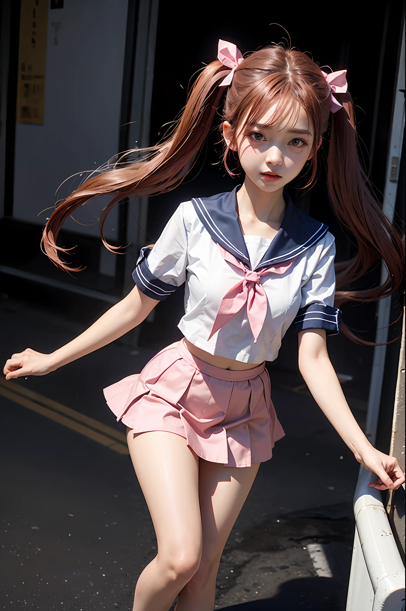 1girll,twintails,Colorful hair,flying,White sailor suit and short skirt,pink bows,16-year-old female model,side,