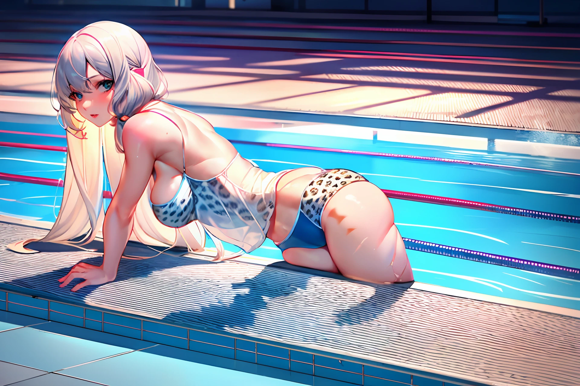 Leopard print underwear,female pervert,Full of realism,Breasts are size E,beside swimming pool,The eyes are blue,Smooth skin,long white hair,There is a vest line
Hair