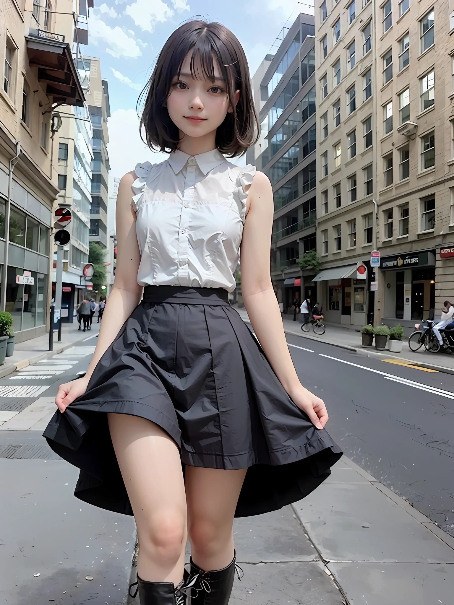 Cute,extremely delicate and beautiful girl,A smile, Black skirt, long  skirt,high waist skirt,high-necked,Sleeveless,bob cuts,long boots,ultra-detailliert, 4K, masutepiece,Smile,small mouth,white  shirt,Skirt with a widened hem,Skirts that show the body line,Long skirt,all-fours,