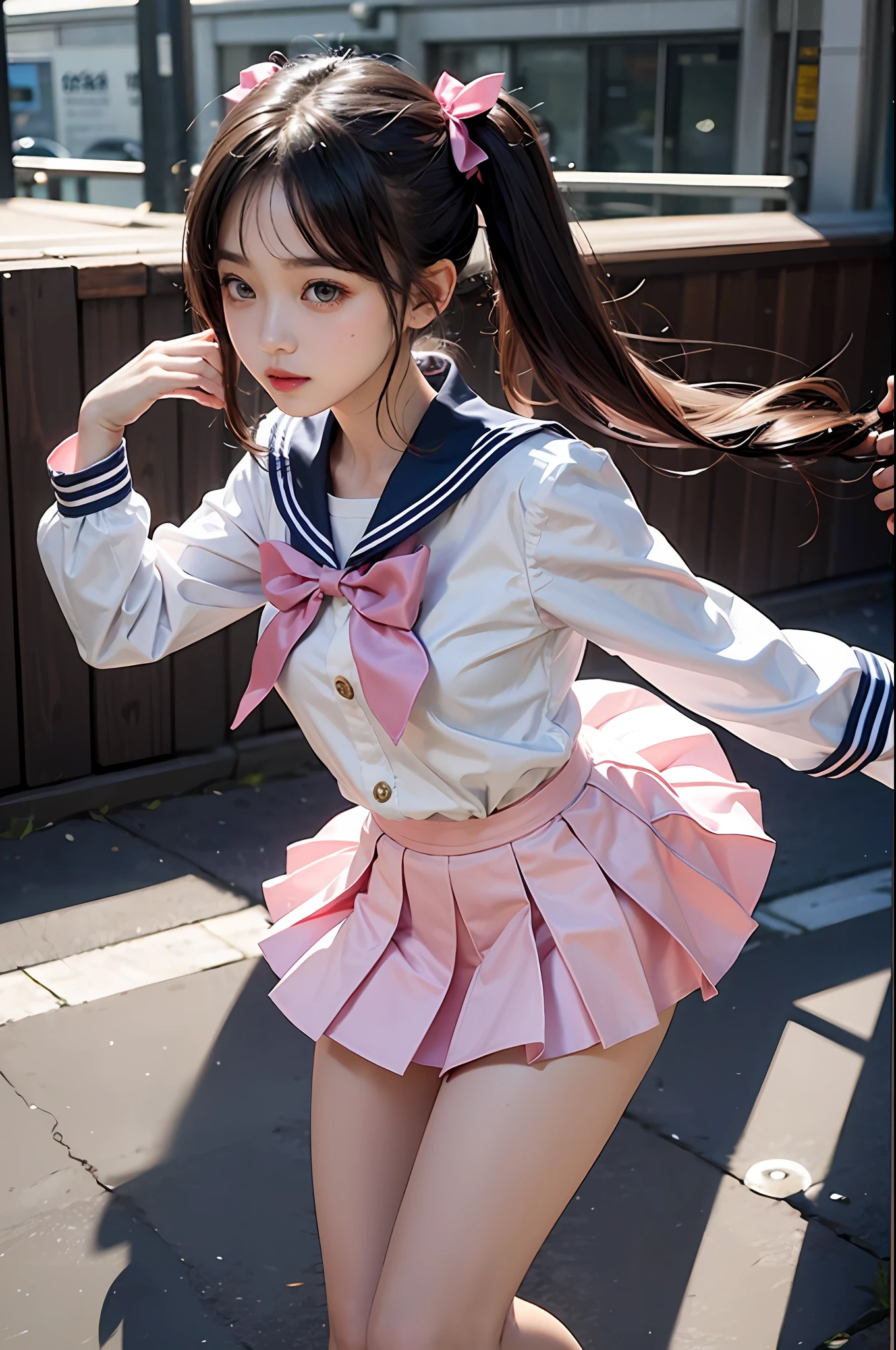 1girll,twintails,Colorful hair,flying,White sailor suit and short skirt,pink bows,-yeld fee model,side,