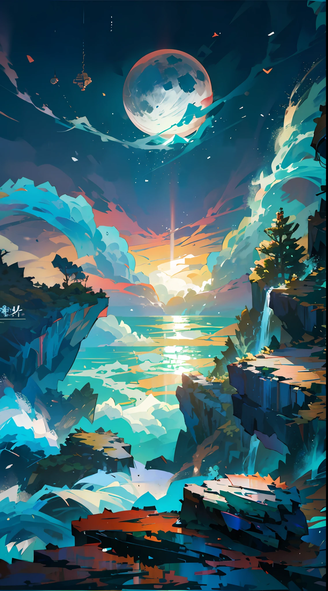 tmasterpiece,Best image quality,The tide of the Spring River connects the sea level,The bright moon on the sea coexists with the tide,