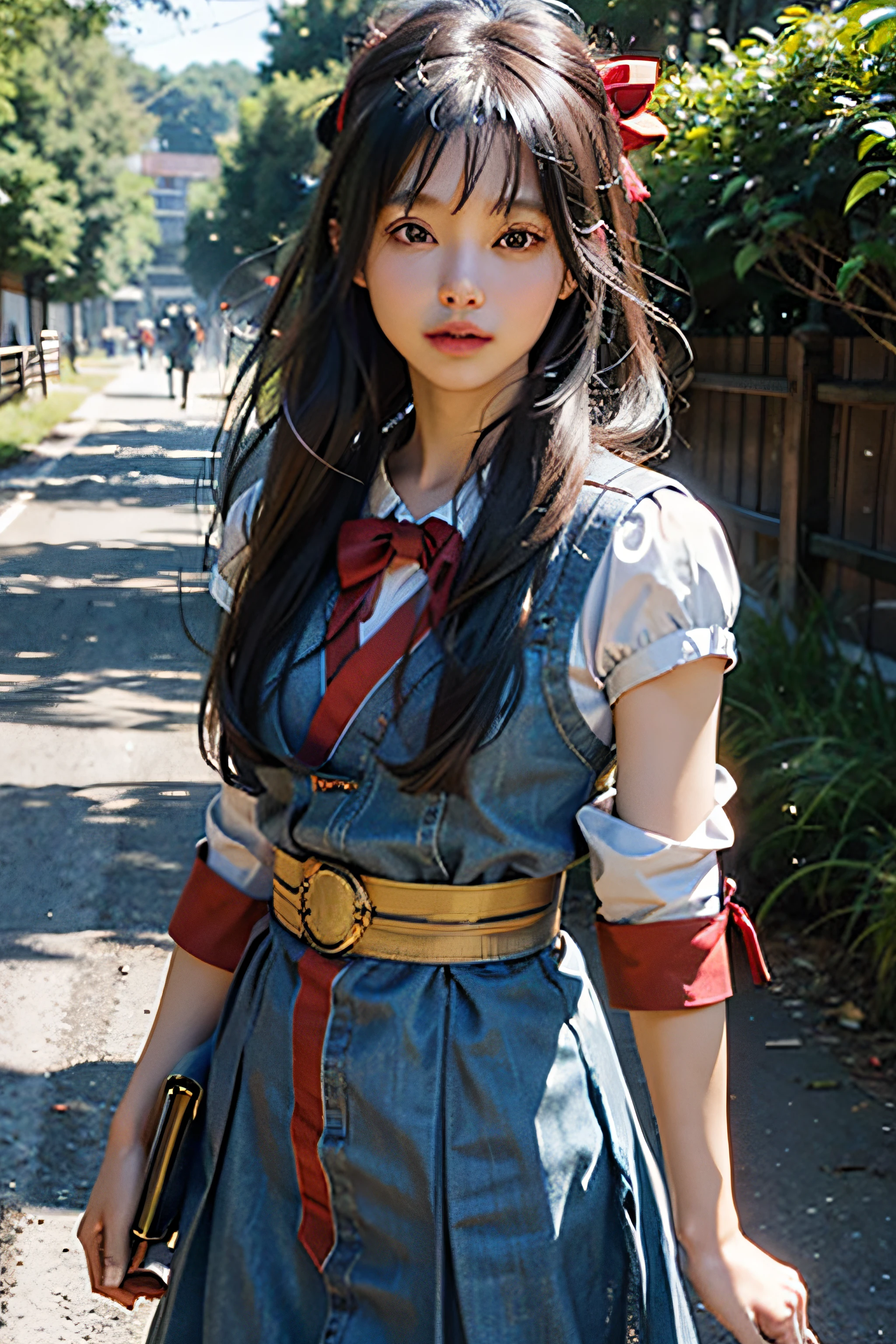 Street photography，Denim skirt，（hyper-detailing，CG，Solidarity，8k wallpaper），（tmasterpiece），（realisticlying），（realisticlying：1.2），（RAW photogr：1.2），（best qualtiy：1.2），（Detailed face：1.4），（Beautiful detail eyes：1.2），（Detail hair），light in face，hugefilesize，cinmatic lighting，1girll，Chisato Nishiki，Red ribbons，（Lycoris Uniform，Two-tone dresses，grey dress，pleated dress，obi strip，Red belt，Neck strap，blueribbon，longer sleeves，） ssmile， angle of view， effect，