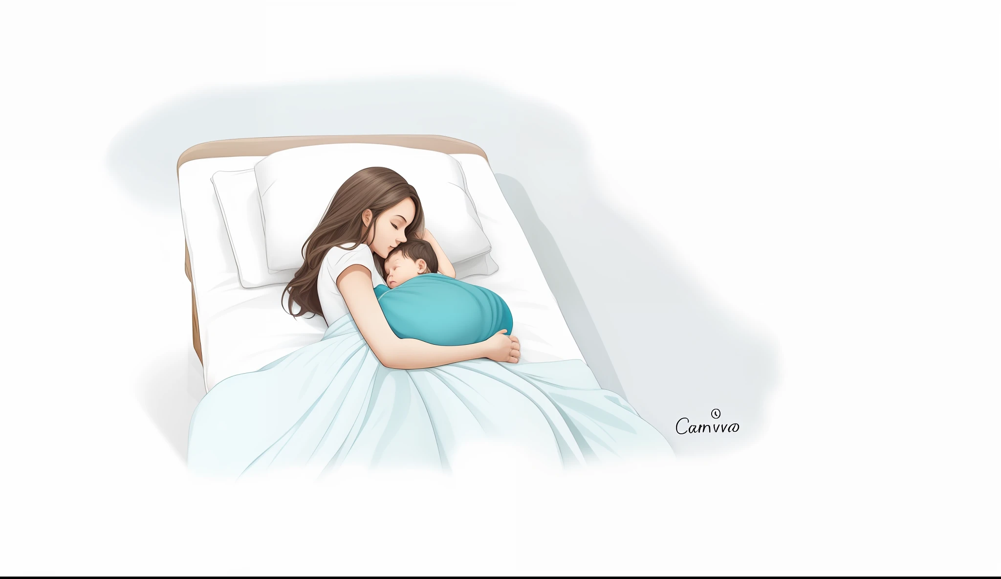 uma mulher deitada na cama segurando seu filho rescem nascido, after giving birth, divino, 8k