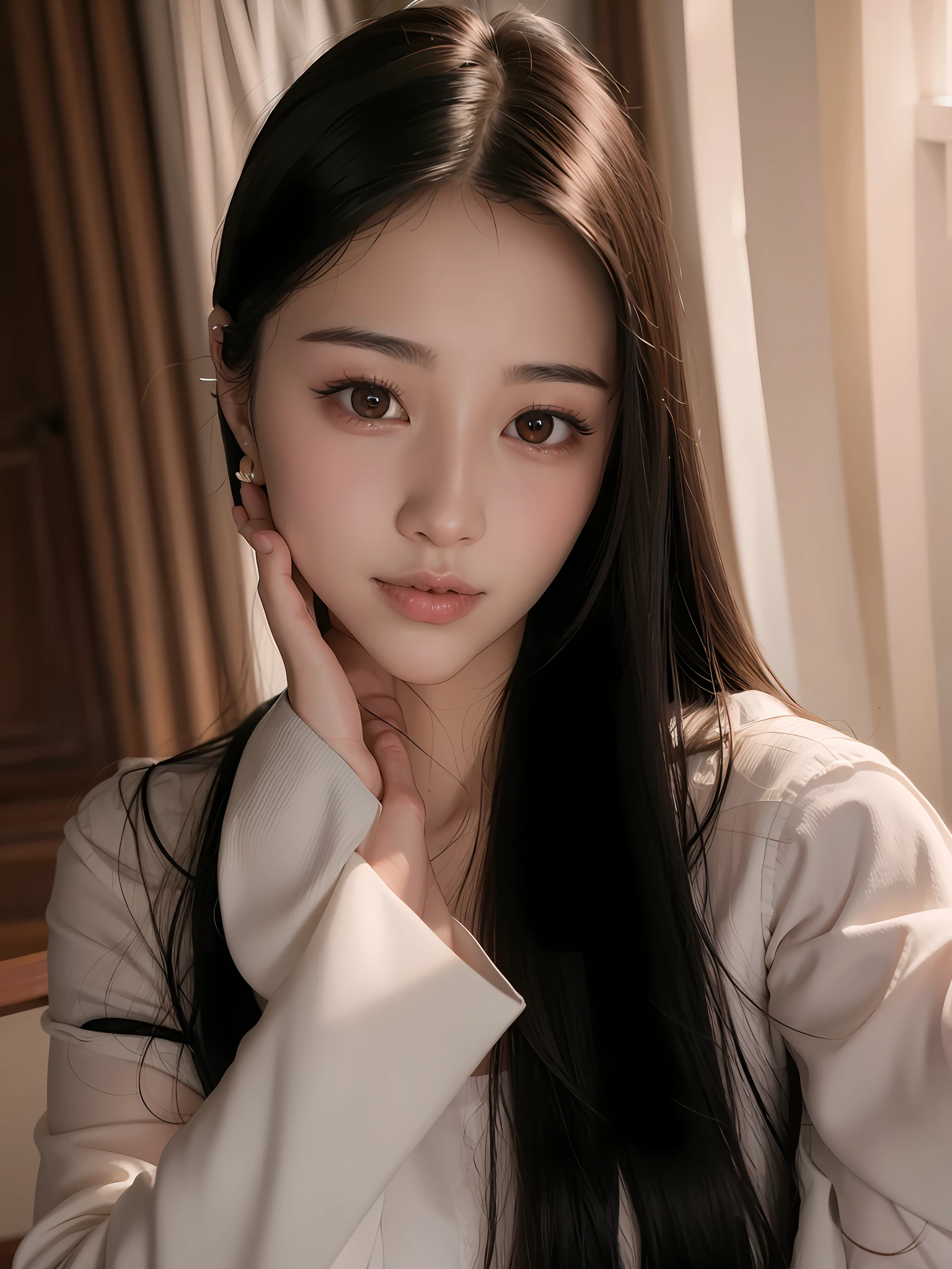 Arrafi woman，Long black hair and white shirt pose for photos, beautiful Korean women, Korean girl, ulzzangs, dilraba dilmurat, Gorgeous young Korean woman, 8k selfie photograph, Beautiful young Korean woman, xintong chen, zmonzheng, wan adorable korean face, Korean woman, sakimichan, xision wu