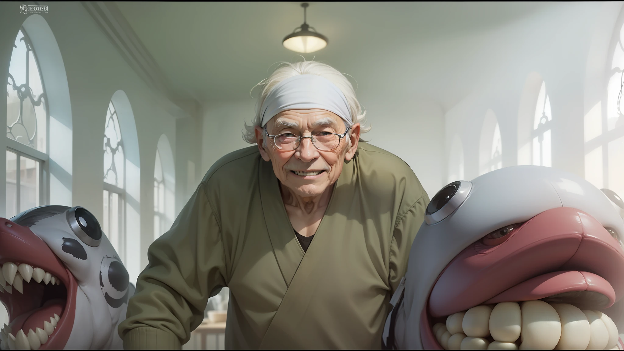 Old man , best quality, with two monster front and back,White headband, smile
