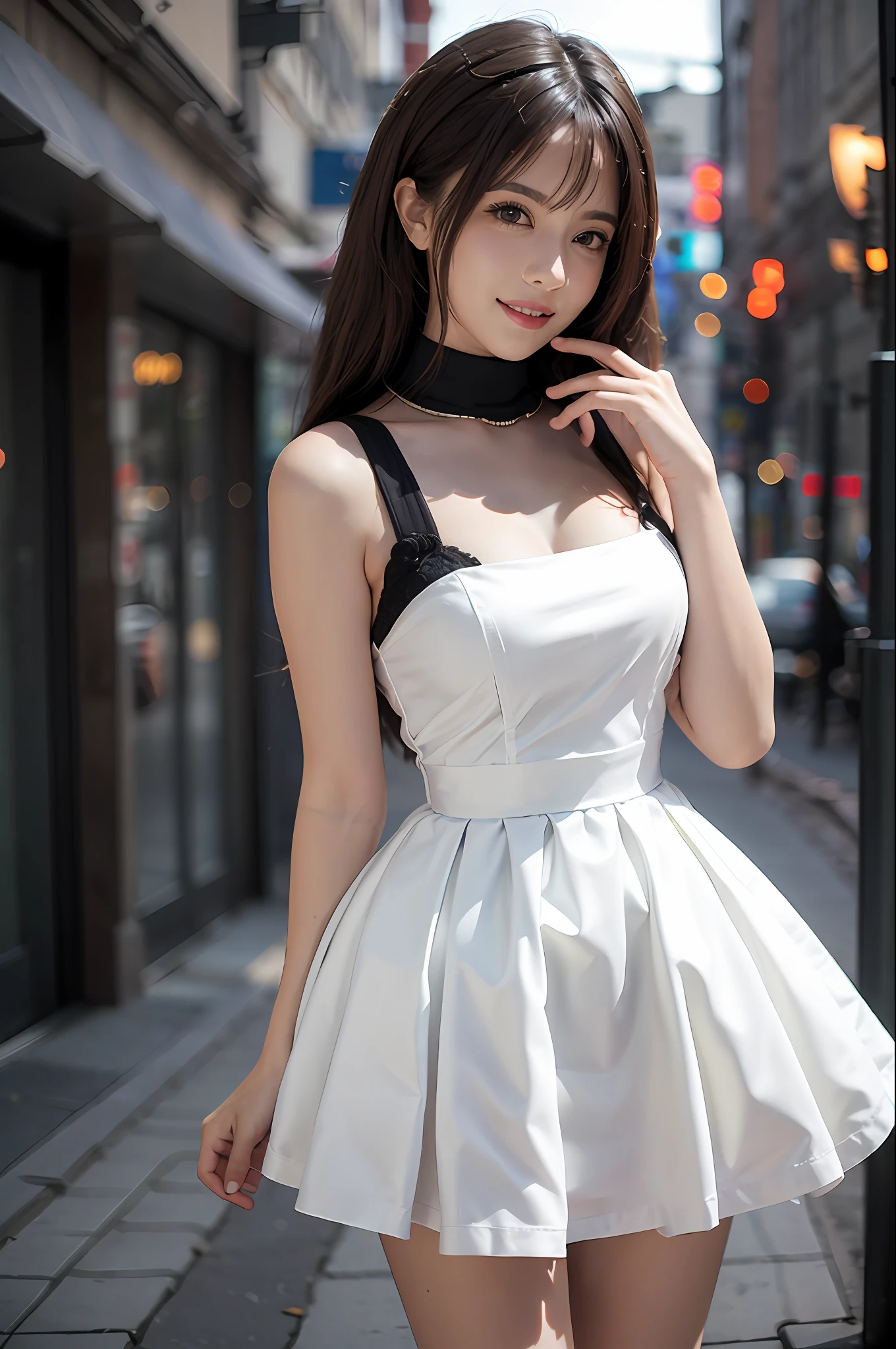 ((best qualtiy,8k,tmasterpiece:1.3)), 1girll, ssmile, full bodyesbian, Slim Faces, Beautiful woman, (dark colored hair), white dresses :1.1, Super detailed face, Detailed eyes, 二重まぶた, blur backgroun, Slim Faces, 城市, do lado de fora, the street,