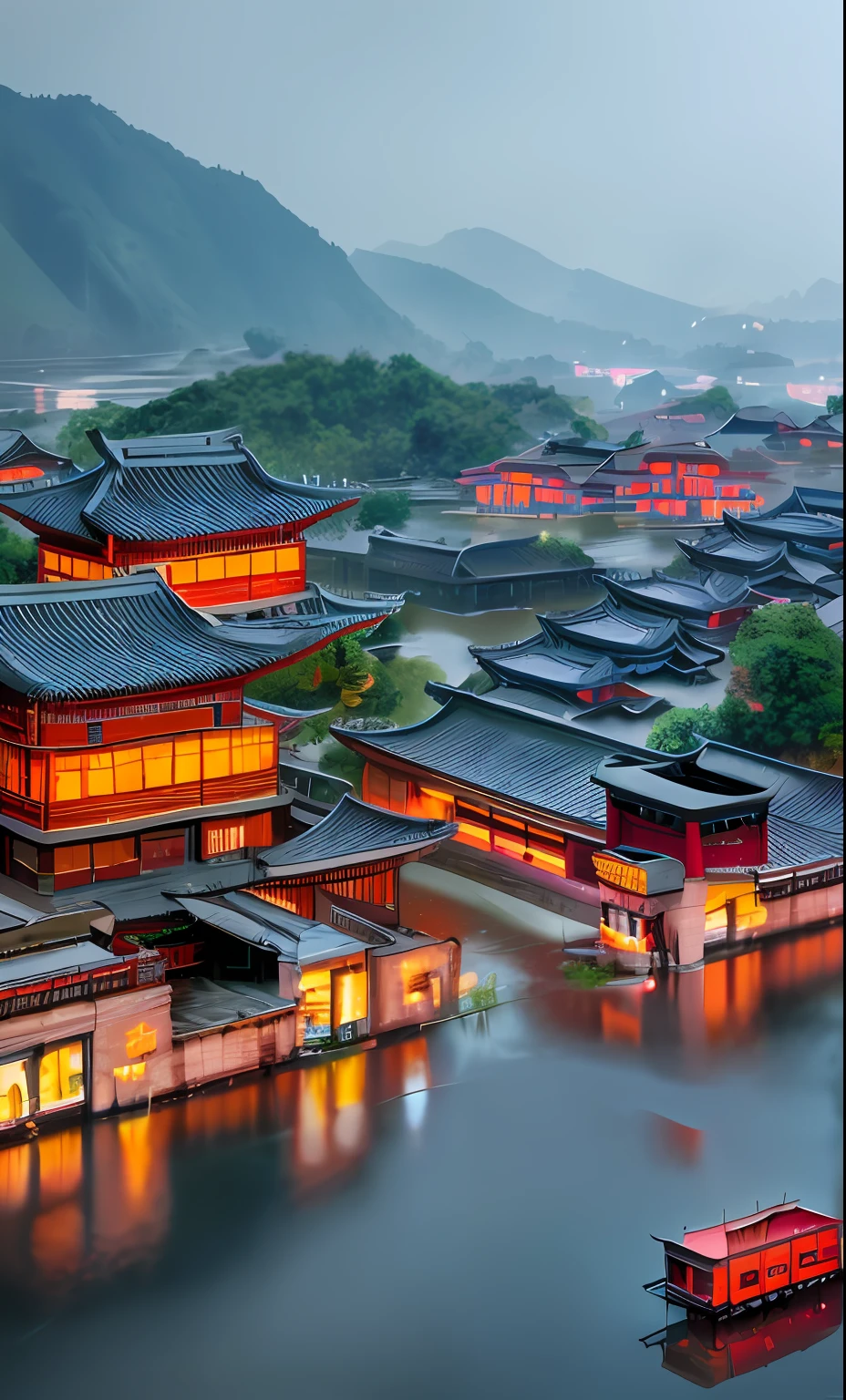 Arafed view of a village,dreamy Chinese towns,Chinese Village,amazing wallpapers,surreal photo of a small town,old asian village,Industrial park,Raymond Han,rainy evening, Cyberpunk ancient Chinese castle, Well-lit building, In the evening in the rain, Beautiful and aesthetic, photography of, cinematic ligh, 8k, high detal ((very heavy rain))),industrial architecture, Surrounded by water flow, multistory building, The height of the building is 24 meters, modern, from above, UHD
