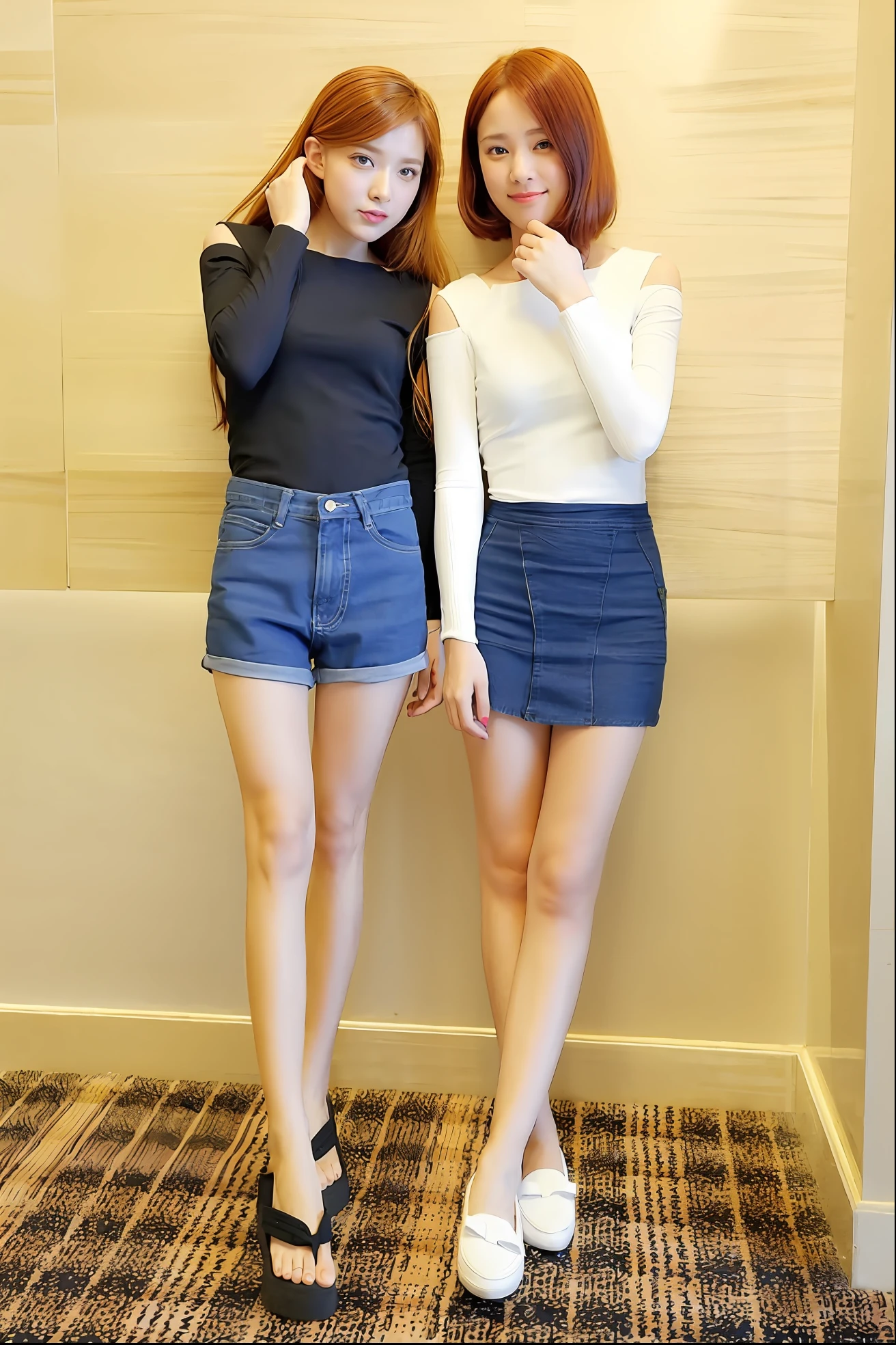 Two women stand side by side in a room, mini jeans skirt, short jeans pants, wearing tight simple clothes, mini-skirts, photo of slim girl model, denim short, hot pant, Miniskirt, skinny waist and thick hips, short miniskirt, denim hot-pants, Tall and slim, short skirt length, big breasts thin waist