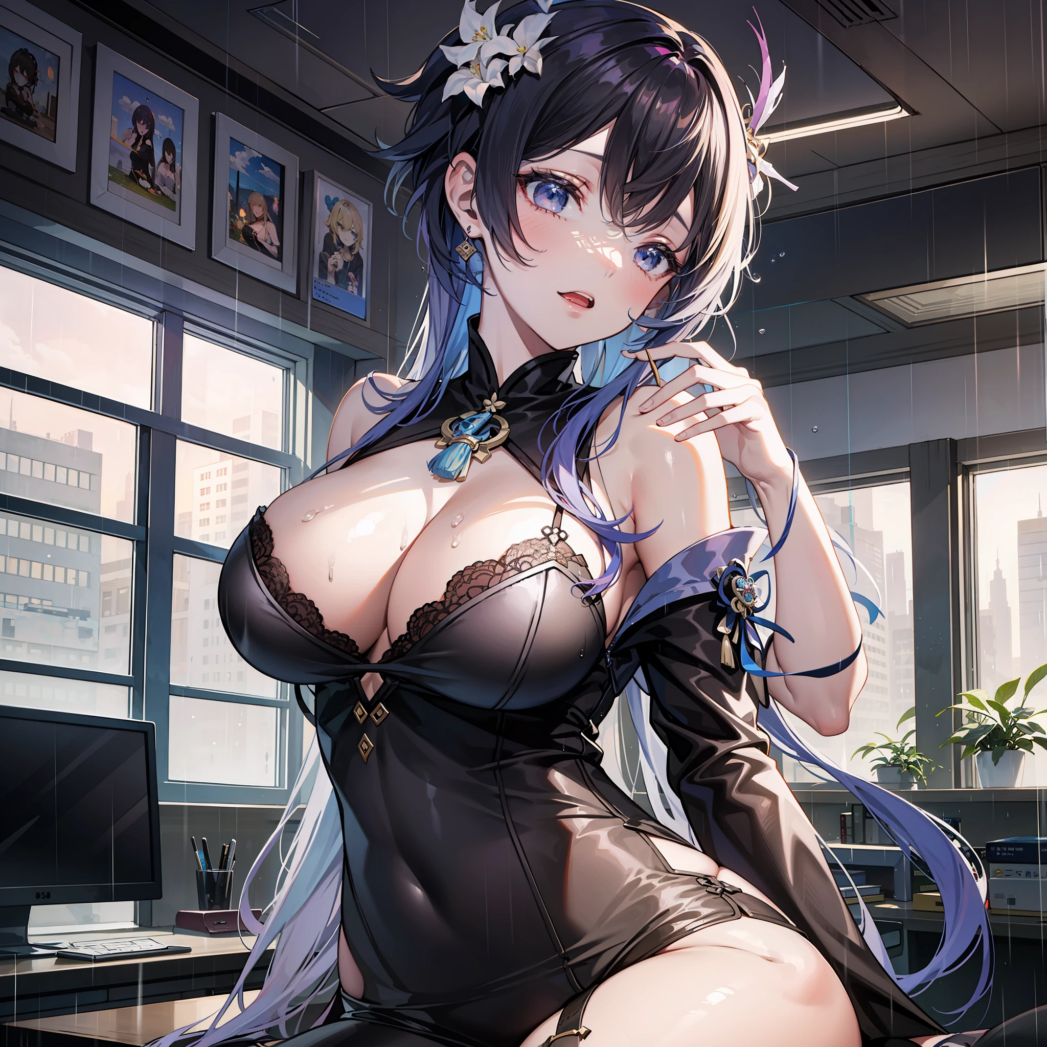Sweet rain,the original god,Genshin's sweet rain,1girl,Large breasts,Raised sexy,Beautuful Women,Cleavage is seductive,Full of desire,Best quality at best,high qulity,Ray traching,8k,the original god,genshin impact,office room,office desk,sit on chair,rainy days,floor to ceiling window,Orgasmic face
