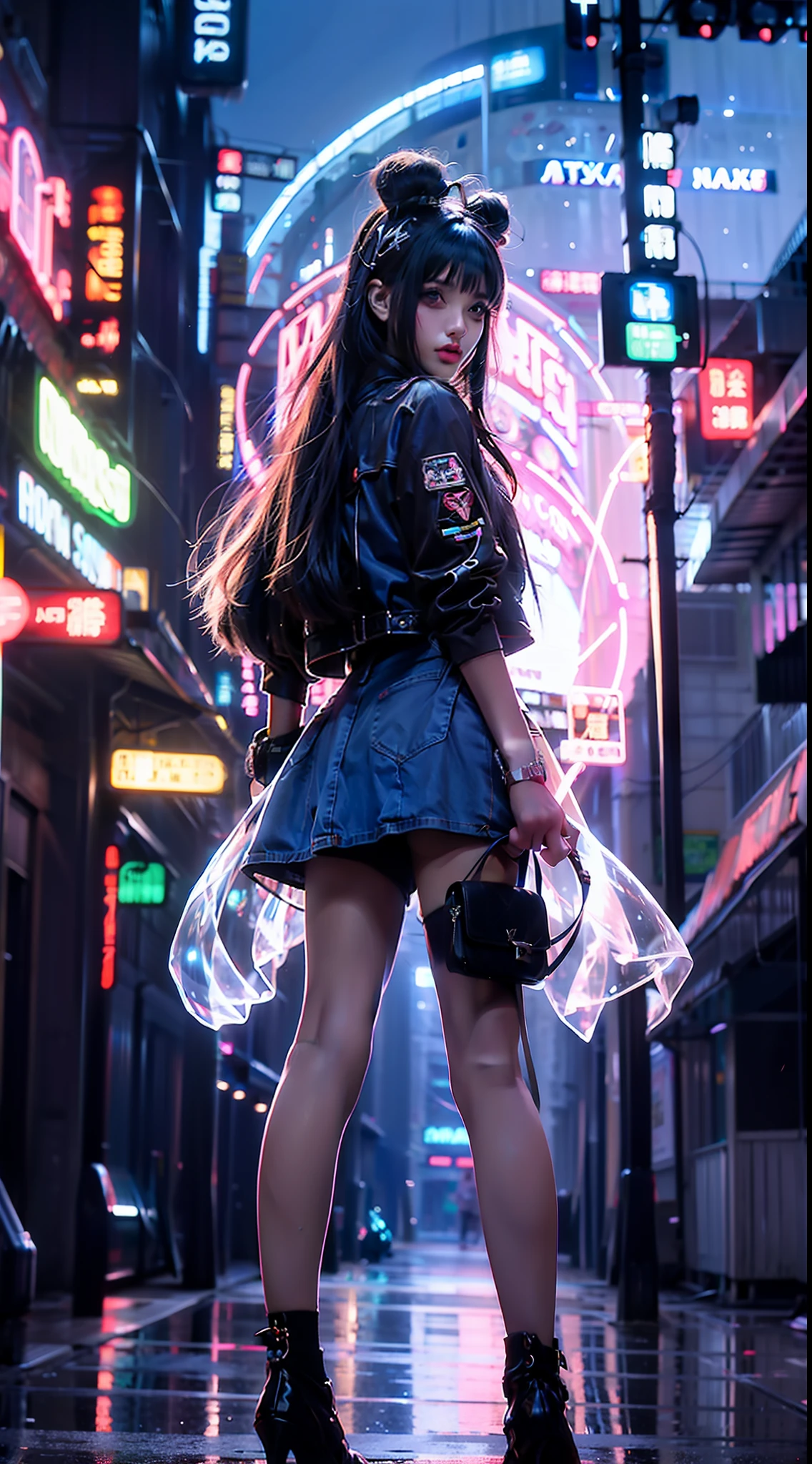 ((best images quality)), ((tmasterpiece)), ((meticuloso)), (Street fashion shooting), Girl wearing denim dress, Tambu Punk City,Highlight the punk style, downtown landscape, Futuristic, Technology elements, holographic projections, with dynamism, A fusion of fashion and technology, (Digital illustration:1.2), (真实感:1.1), (High- sharpness:1.1)