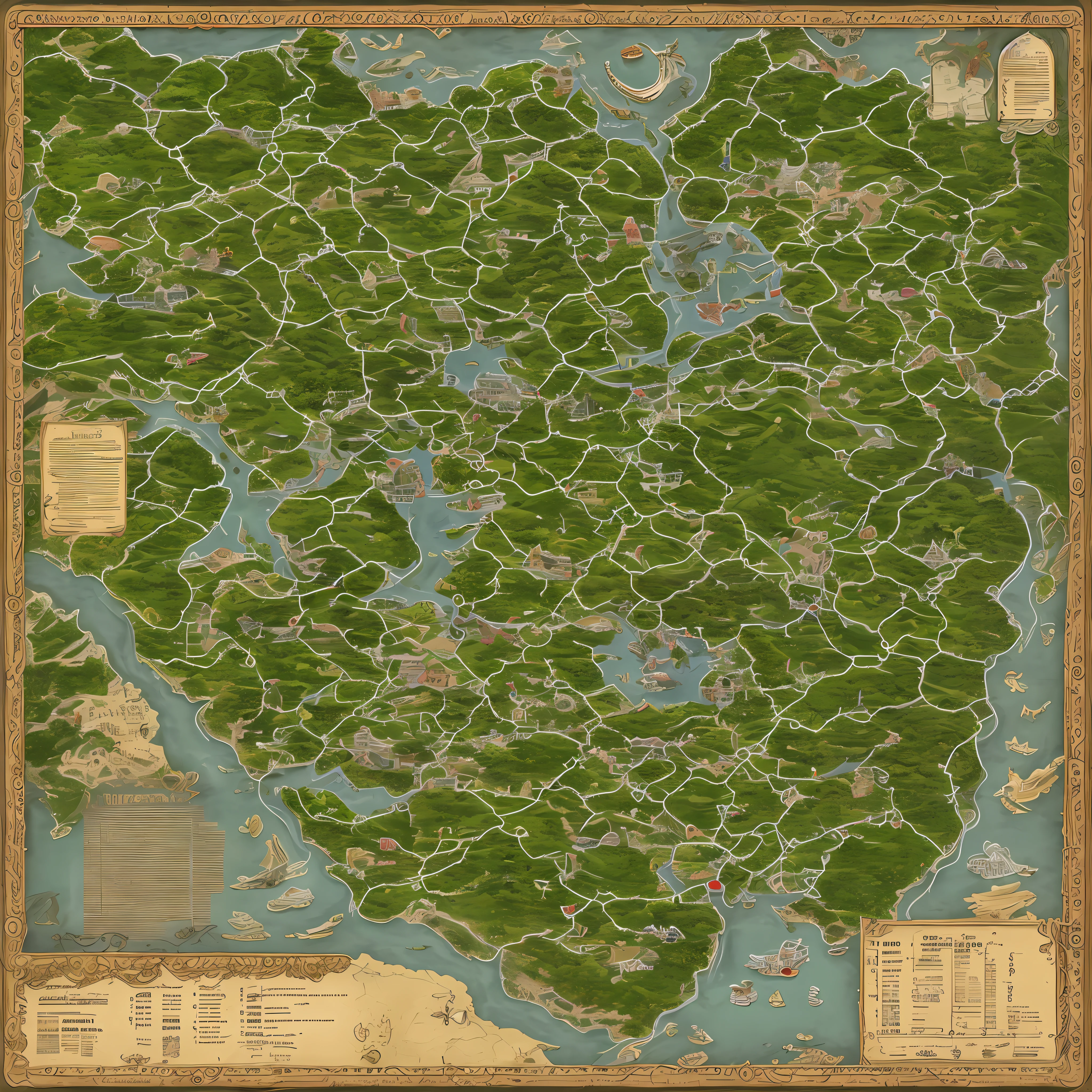 Um mapa de Fasicia com alguns locais diferentes, mapa de fantasia detalhado, mapa regional da fantasia antiga, an isometric fantasy map, extremamente detalhado d&d mapa, mapas de fantasia, d&d estilo fantasia mapa design, mapa de fantasia, cartografia da fantasia, mapa do mundo da fantasia, mapa de mundos de frente, mapa altamente detalhado, Mapa Patreon, mapa de fantasia simples, d&d mapa, 7 ilhas, uma parte congelada, uma parte com floresta, a part with plains, 20 vilas, 15 cidades, 3 reinos com castelo