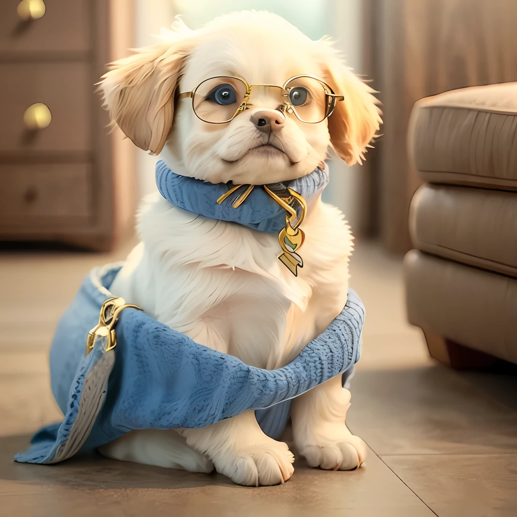 Puppy sitting on the floor with glasses and sweater, Very stylish, Cute dog, cute 3 d render, in style of ultra realistic, ultra-realistic picture, lovely digital painting, highly realistic photograph, adolable, Cute detailed digital art, goggles around his neck, super adorable, mega highly detailed, very fashion, Extremely cute, cute animal, adorable digital art, cute cute