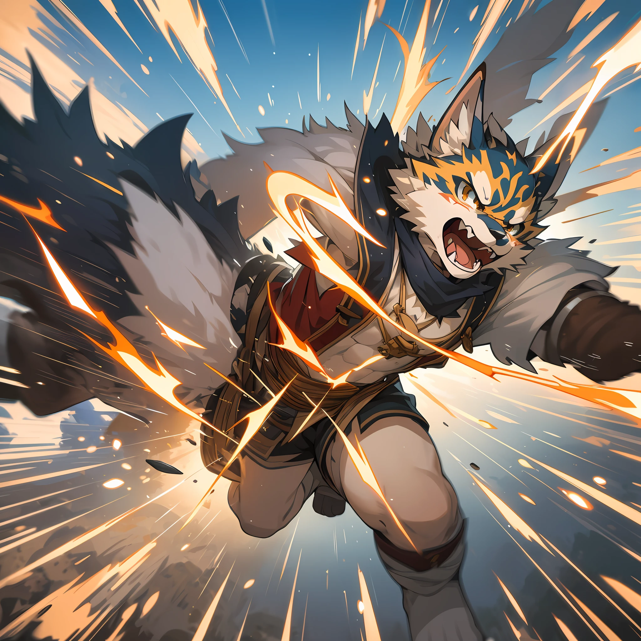top quality, high-quality illustrations((masterpiece))An extreme perspective with a powerful composition, depth of field, motion blur, absurdres, Perfect Anatomy, magnificent picture of kemono fighting fierce battles, kemono, 1boy, solo focus, screaming, Anthro((dramatic))epic, weapon, dynamic pose, One scene of movie,