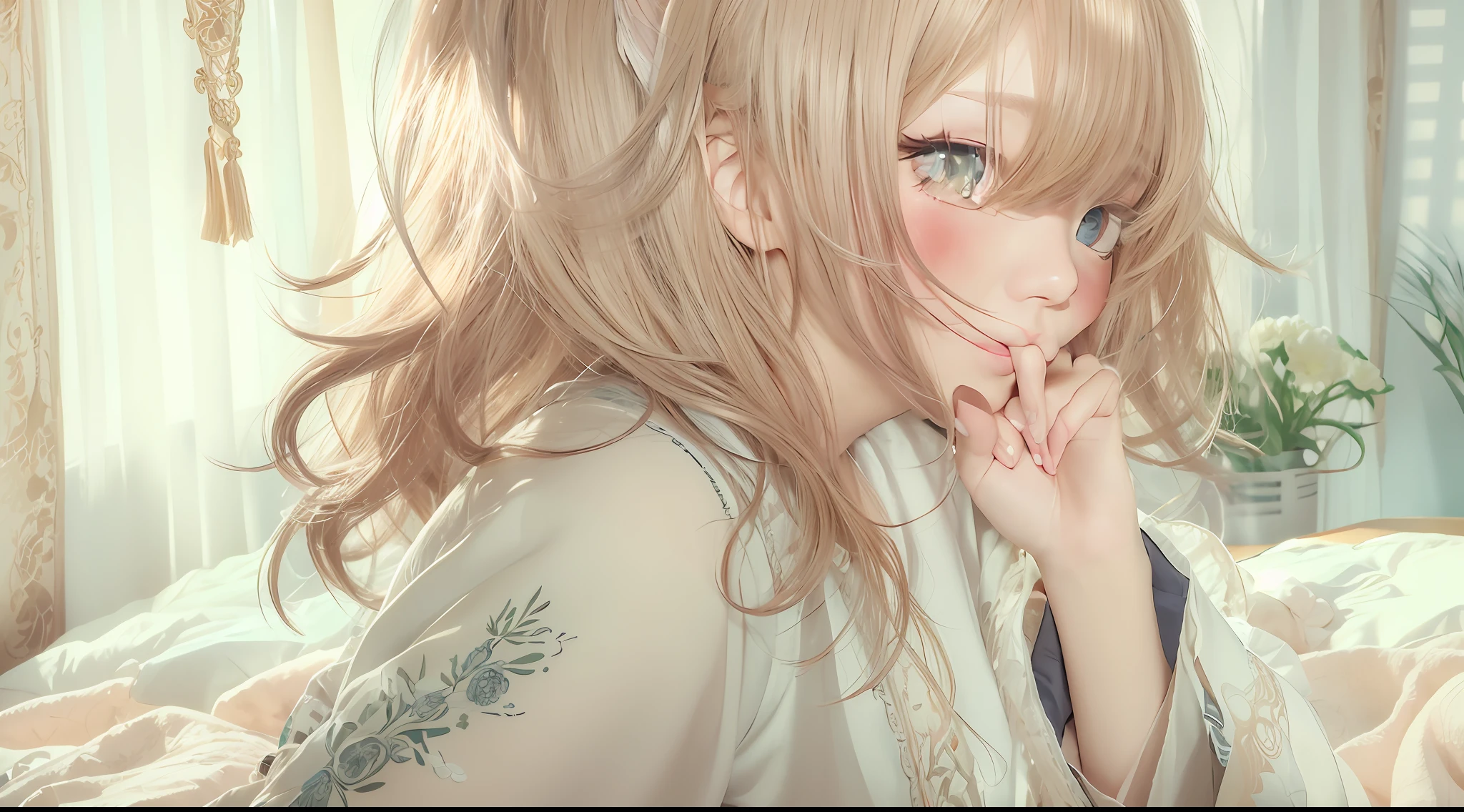(lying women in bed、just woke up)、Soft hair、Beautiful fece、Cute bangs、Just woke up、Eyes are open、morning、Good morning greetings、Rubbing the right eye、Sleepy eyes、Beside me、Left of me、Right next door、Looking here、a smile、Embarrassing、Pajamas with character patterns、high-detail、hightquality、Bending the right elbow、Red cheeks